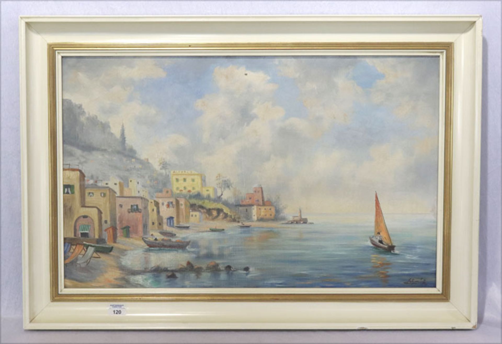 Gemälde ÖL/LW 'Küsten-Szenerie von Ischia', signiert Schmid, LW hat Farbablösungen, gerahmt, Rahmen 