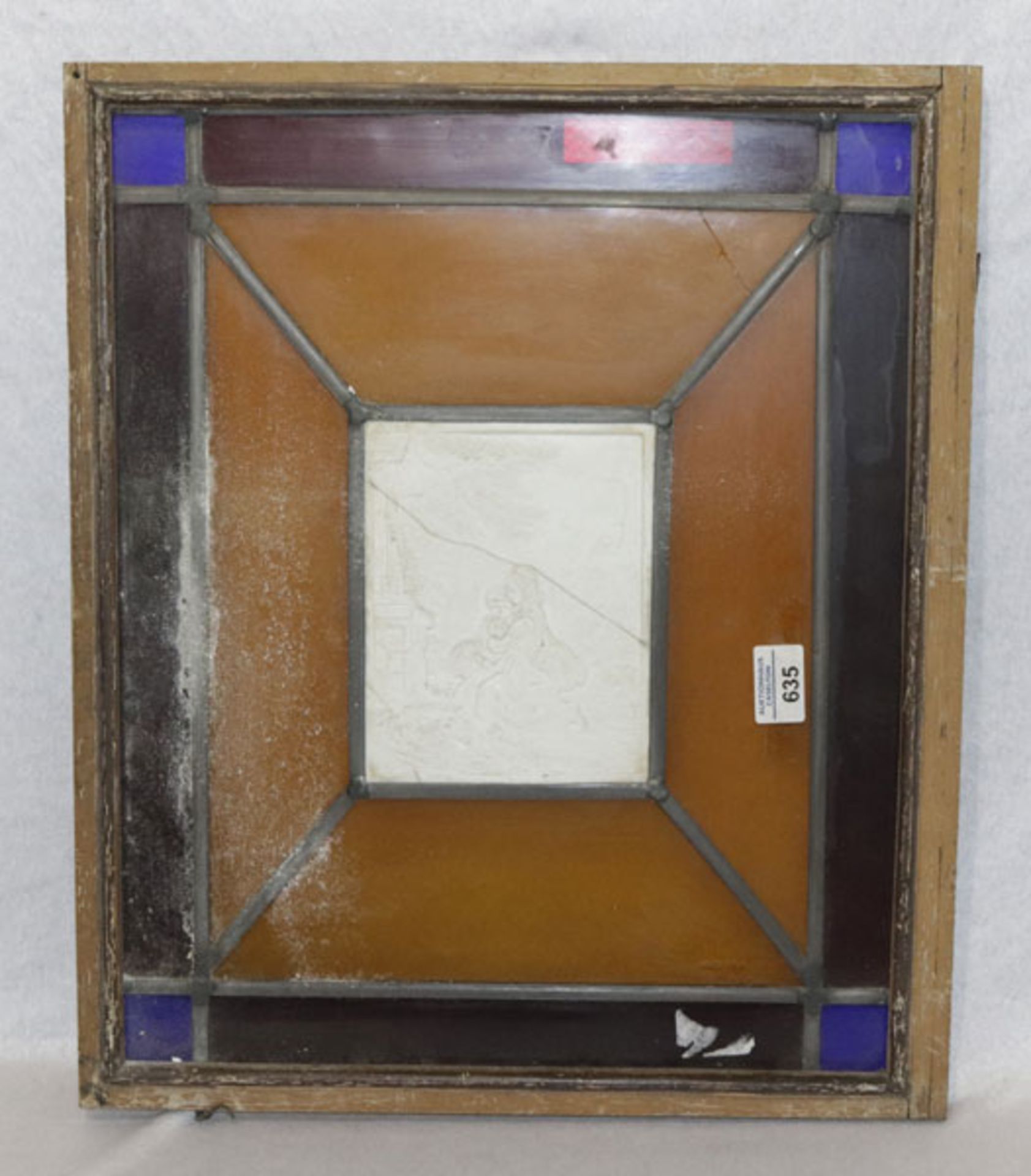 Bleiverglasung mit Porzellanbild, teils gesprungen, 51 cm x 43 cm, zum Versand nicht geeignet, Alter