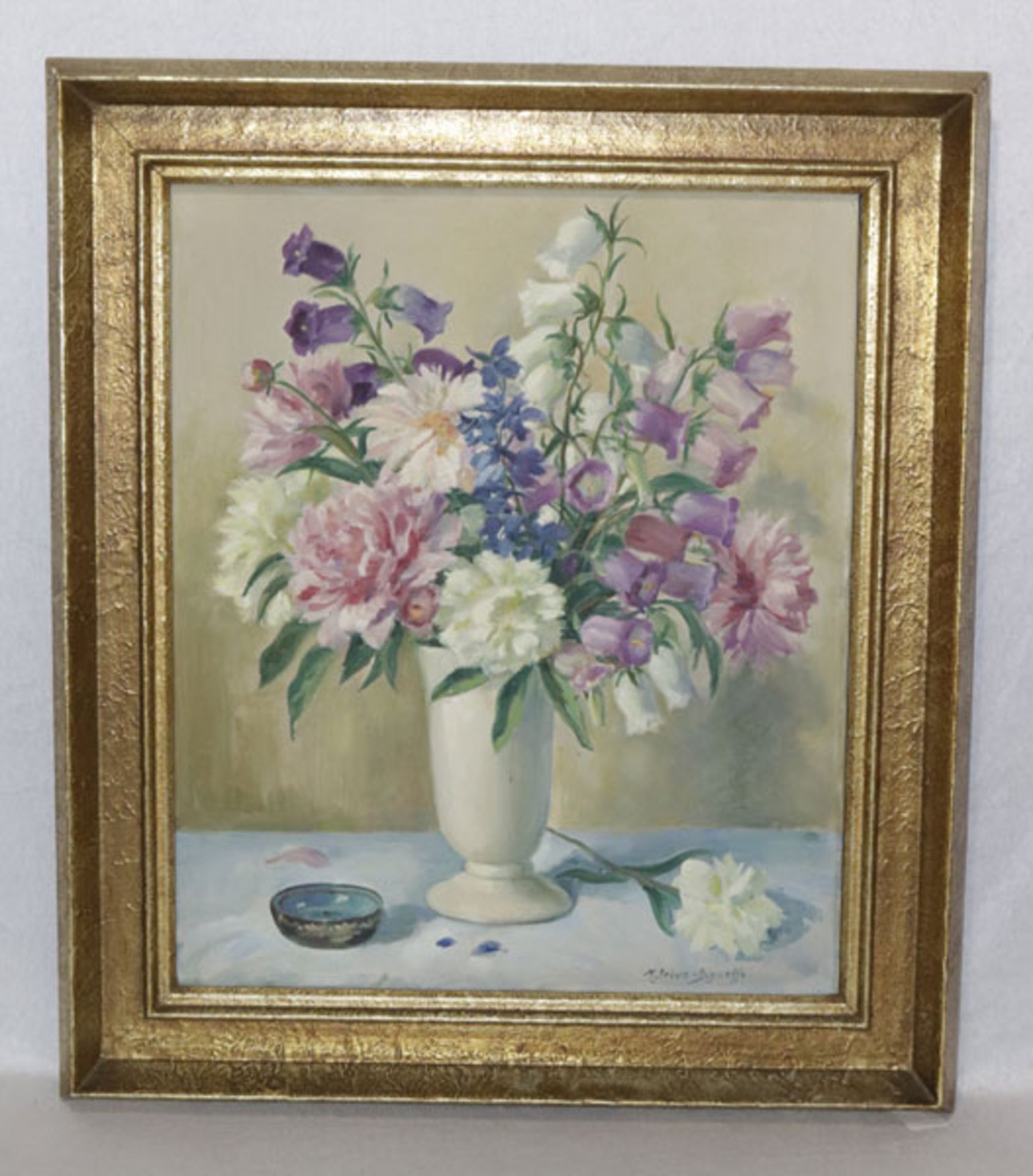 Gemälde ÖL/LW 'Blumenstillleben in Vase', signiert M. (Maria) Debus-Digneff, * 1876 Wiesbaden + 1956
