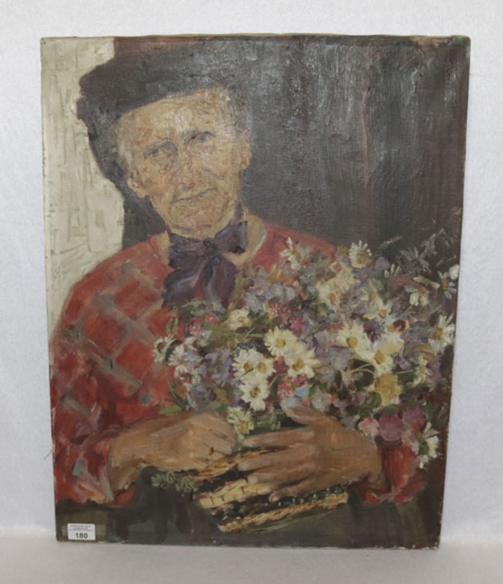 Gemälde ÖL/LW 'Frau mit Blumenstrauß', ohne Rahmen 69 cm x 53 cm