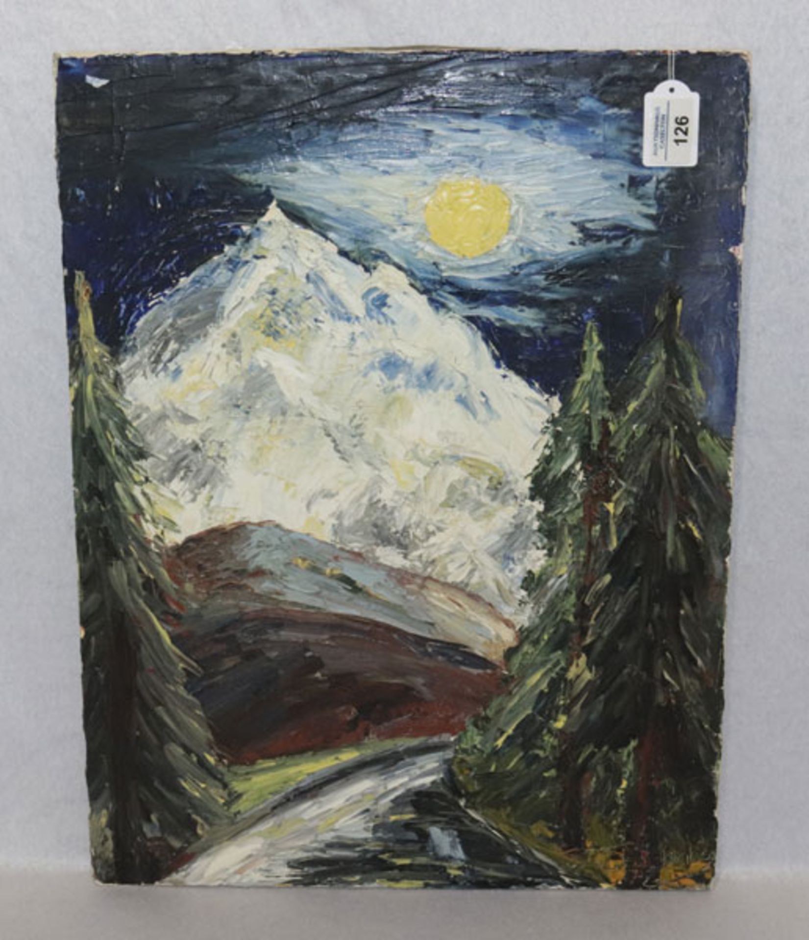 Gemälde ÖL/LW 'Hochgebirge im Mondschein', undeutlich signiert, LW hat Riß/bechädigt, ohne Rahmen 53