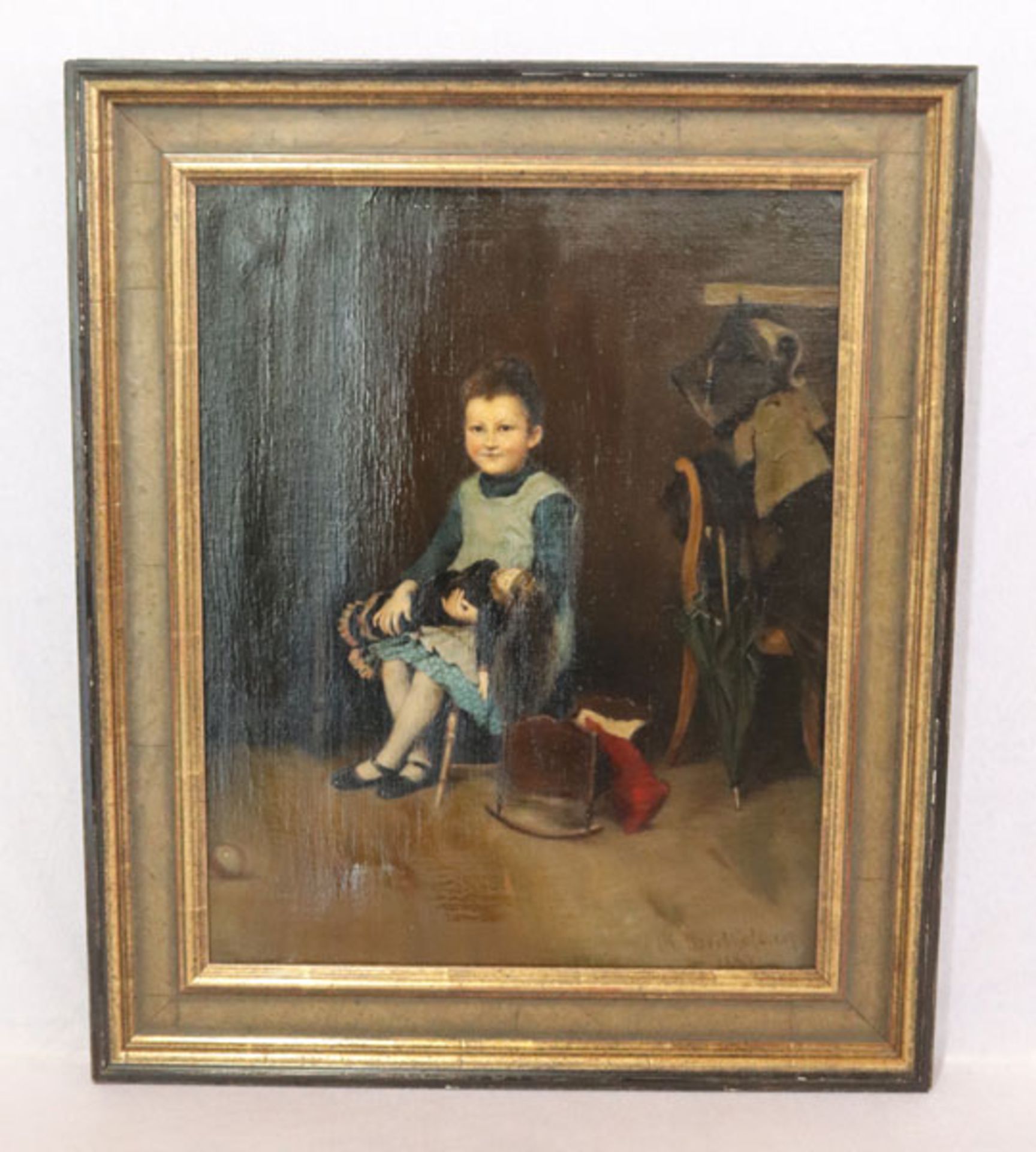 Gemälde ÖL/LW 'Kind mit Puppe, signiert H. Berthold, cop. 1888, LW restauriert, gerahmt, Rahmen best