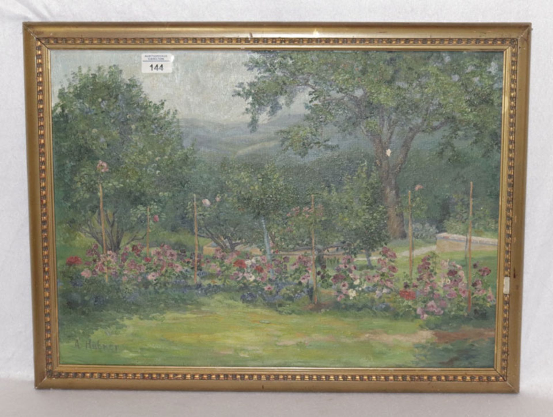 Gemälde ÖL/Malkarton 'Bauerngarten', signiert A. Hübner, Bildoberfläche mit kleine Farbablösung, ger