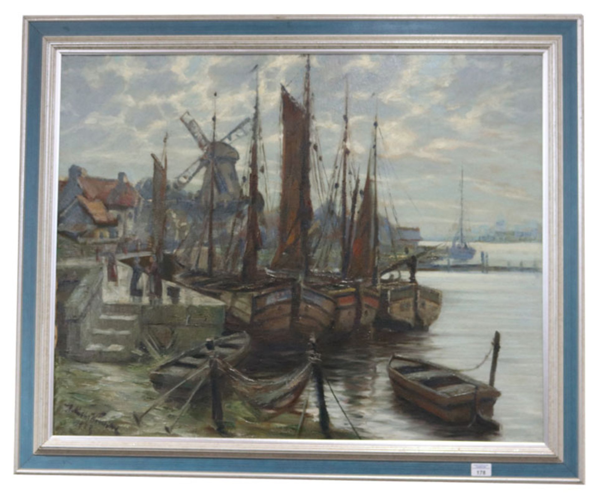 Gemälde ÖL/LW 'Holländische Hafen-Szenerie', signiert H. Müller-Wünsche 1927, Heinrich Hermann Mülle