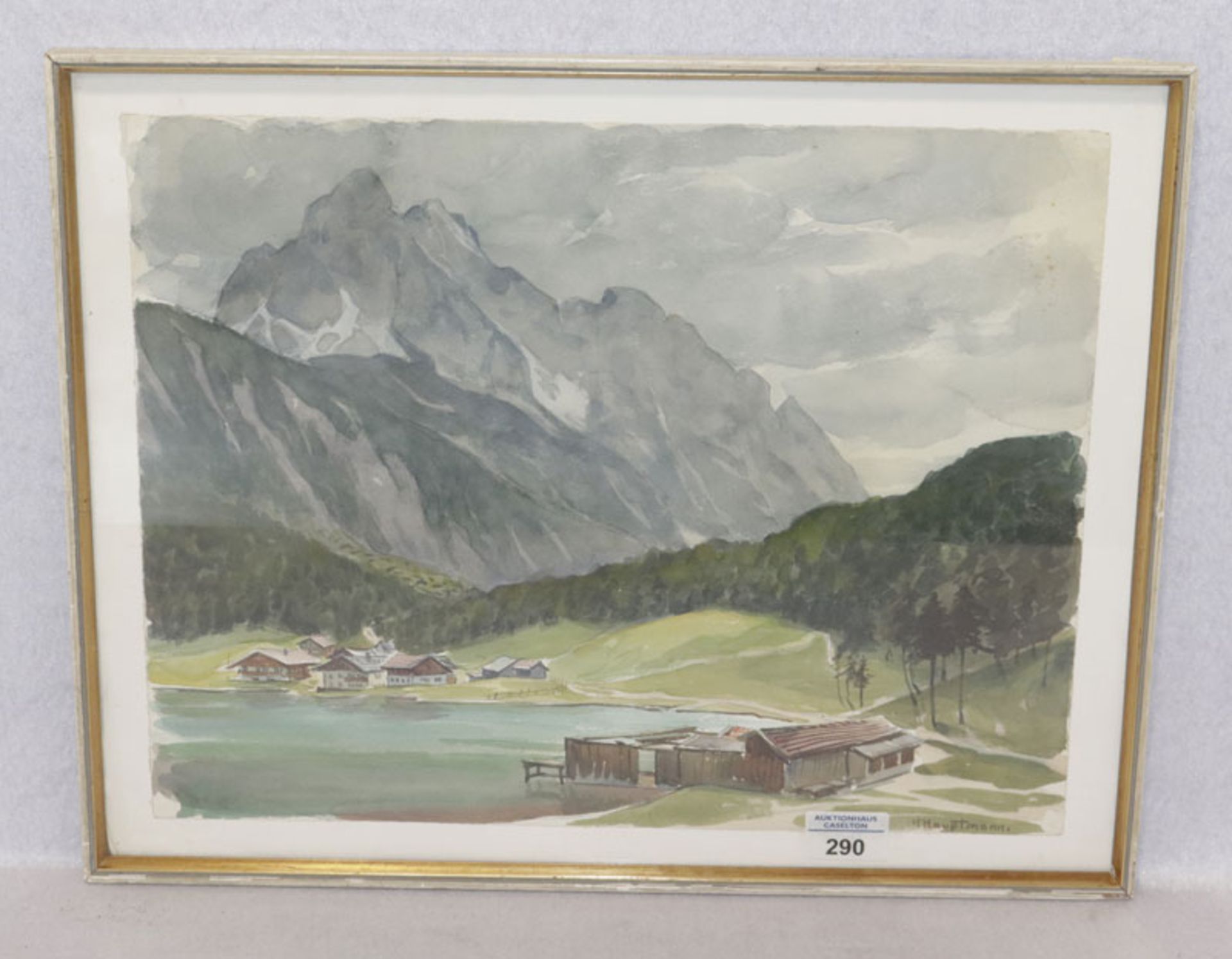 Aquarell 'Bergsee mit Häusern', signiert P. Hauptmann, ev. Paul Hauptmann, * 1887 + 1958, unter Glas