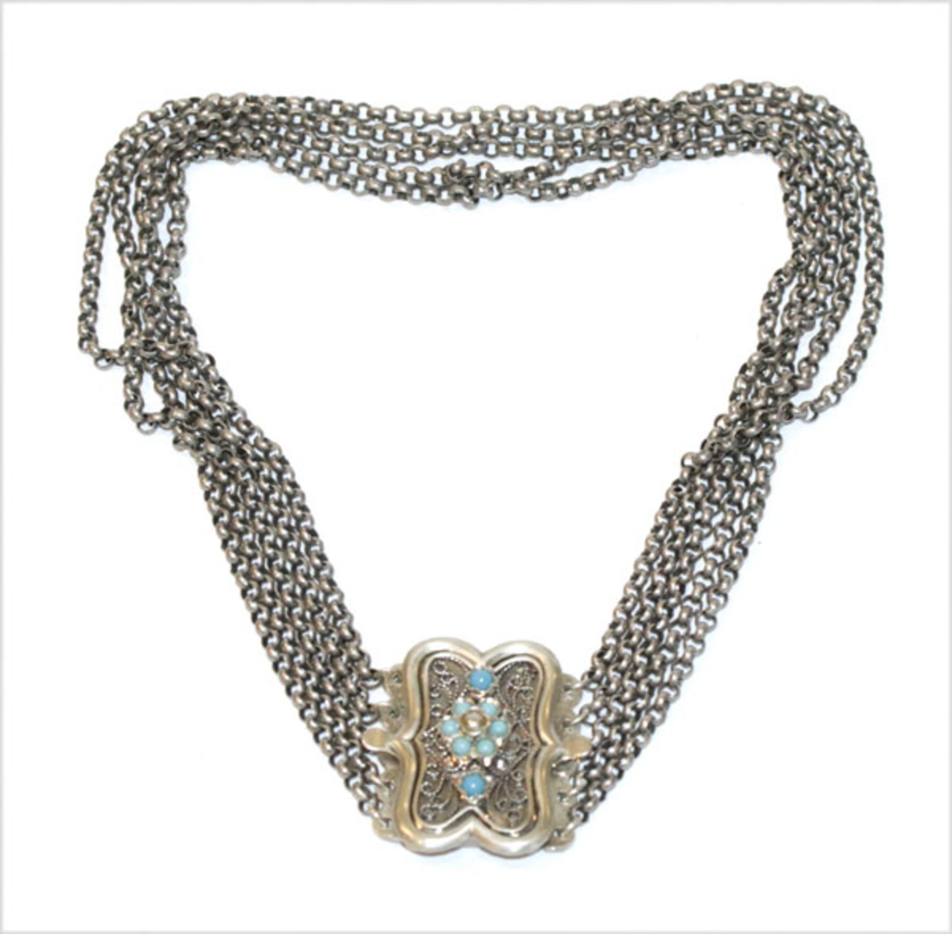 Silber Kropfkette, Schließe mit filigraner Verzierung und hellblauen Türkiskugeln, 5-reihig, 44,5