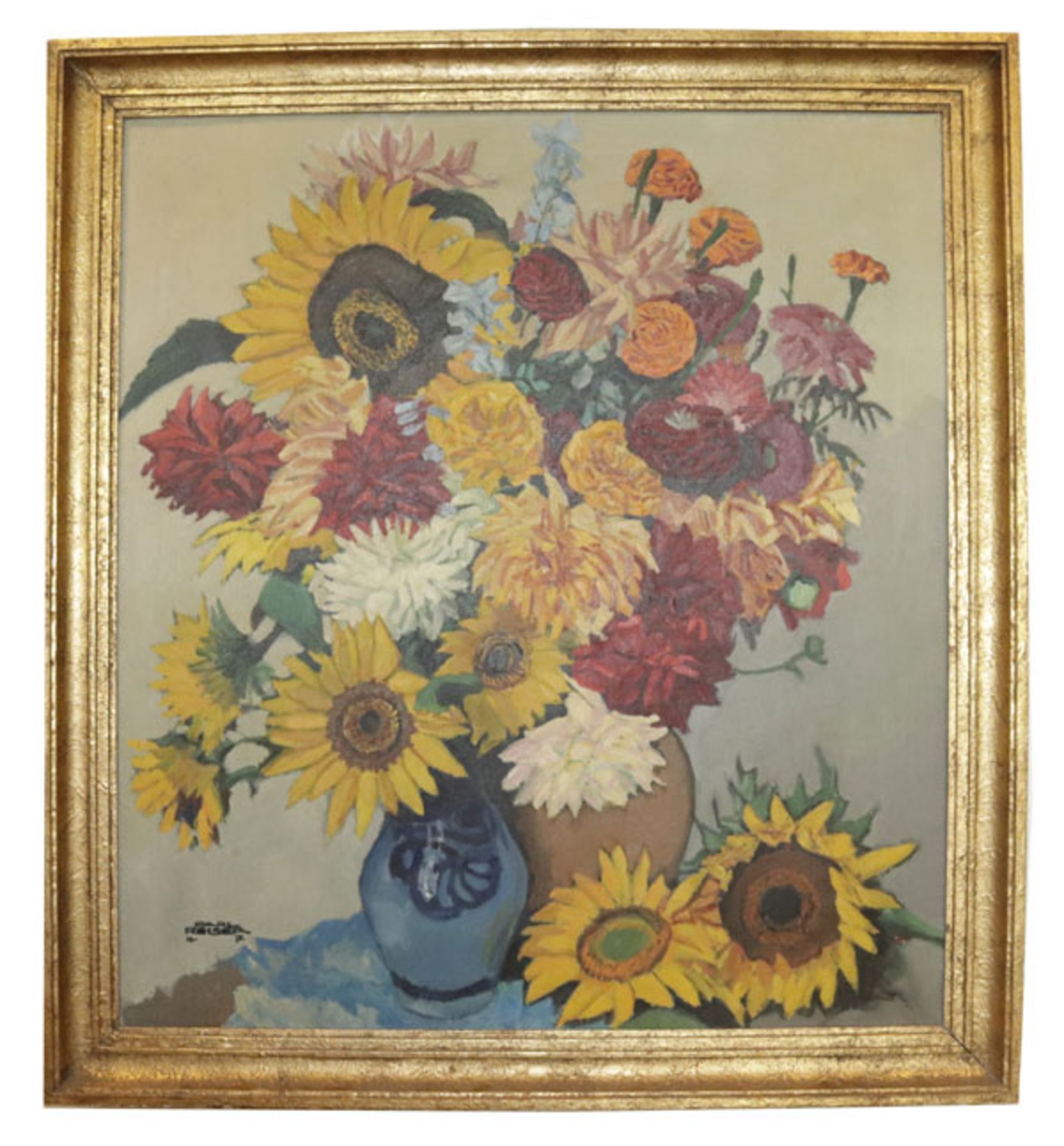 Gemälde ÖL/LW 'Blumenstillleben mit Sonnenblumen und Dahlien', signiert Carl Reiser 47, * 1877 Parte