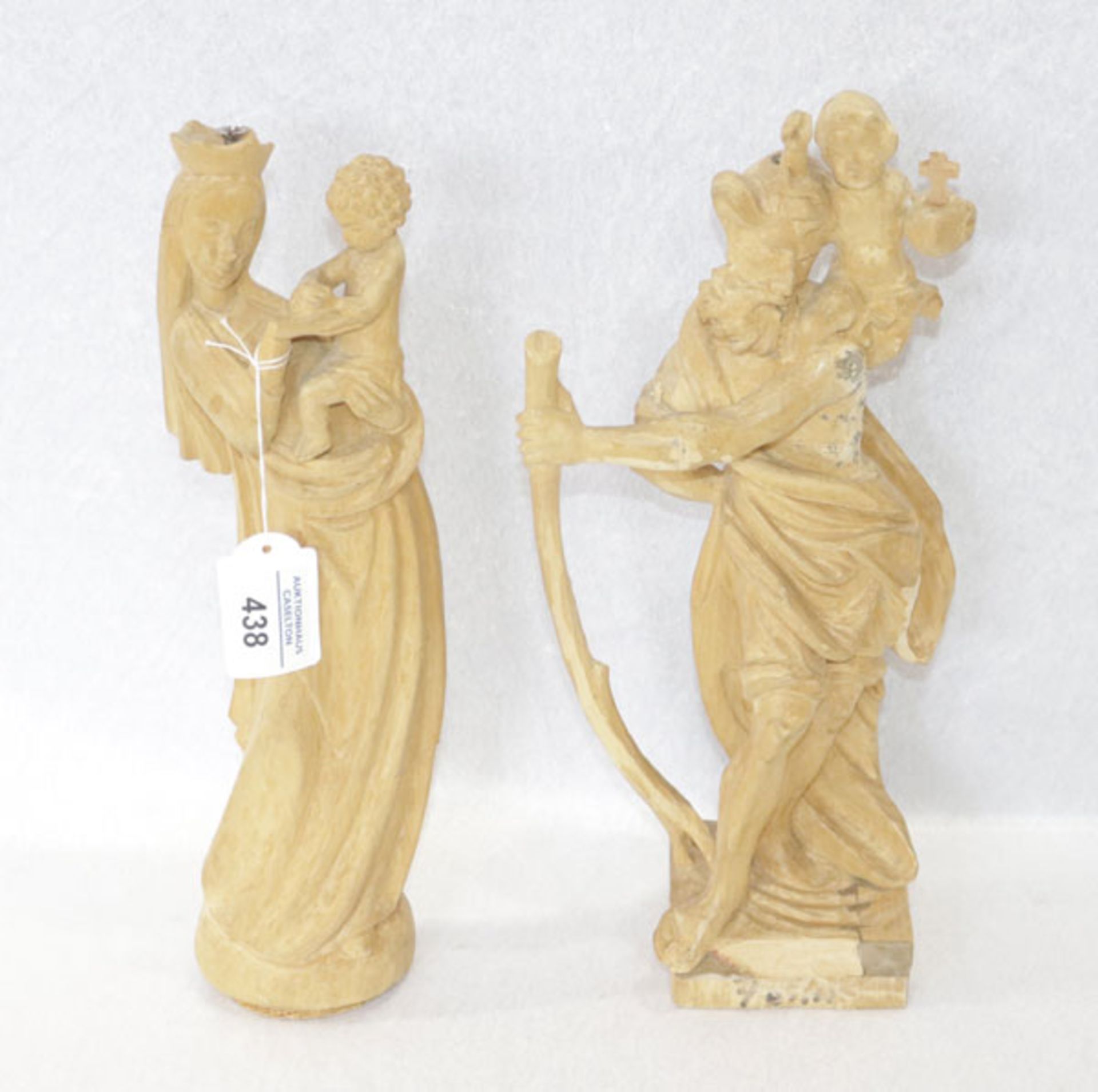 Konvolut von 2 Holz Figurenskulpturen: Hl. Christophorus, monogrammiert PF, H 32 cm, Maria mit Kind,