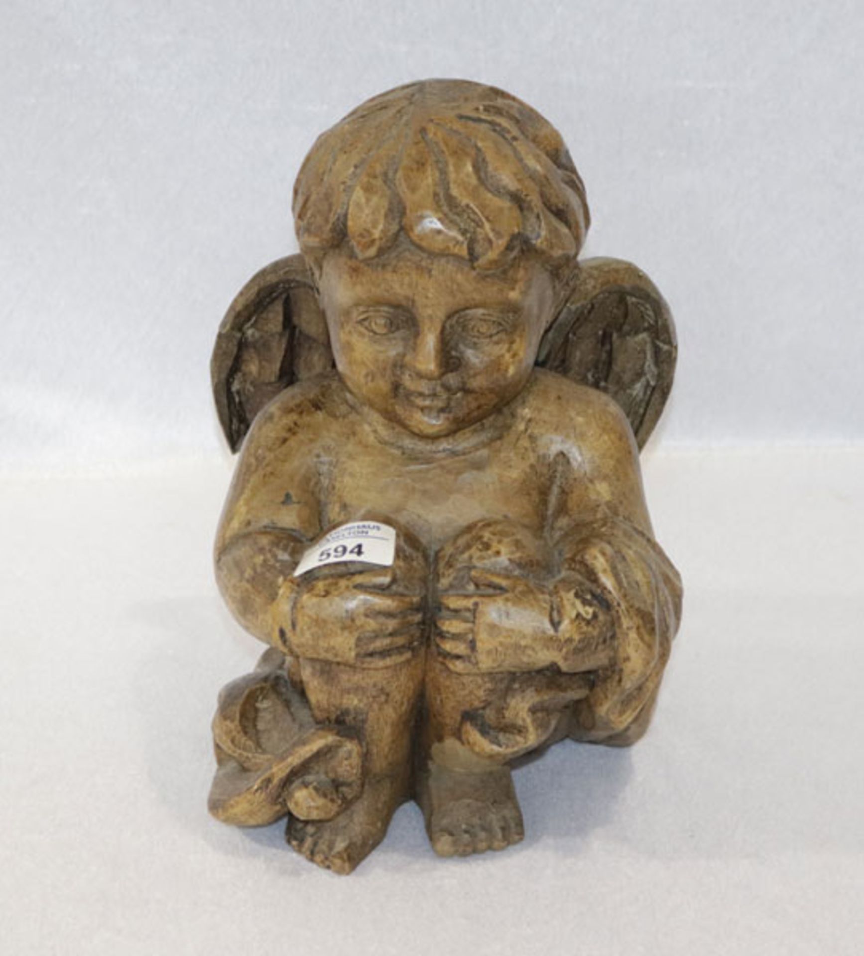 Holz Skulptur 'Sitzender Engel', dunkel gebeizt, 19. Jahrhundert, H 27 cm, B 19 cm, T 20 cm, ein
