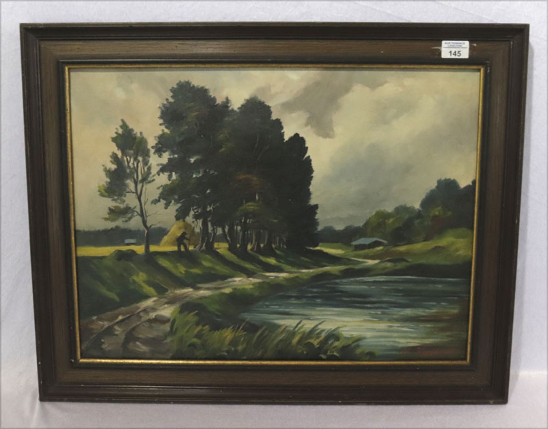 Gemälde ÖL/LW 'Landschafts-Szenerie mit Weiher', signiert H. Kwitt, datiert 1954, gerahmt, Rahmen
