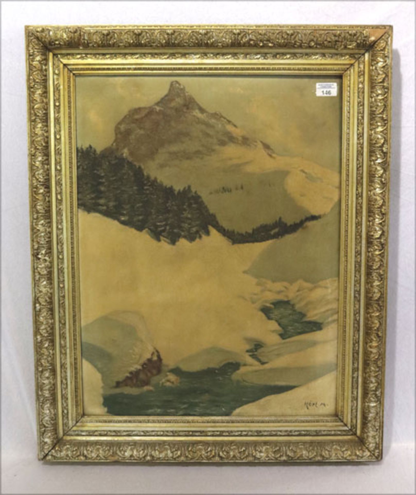 Gemälde ÖL/LW 'Winter im Hochgebirge', signiert Hörl M., Bildoberfläche beschädigt, gerahmt,