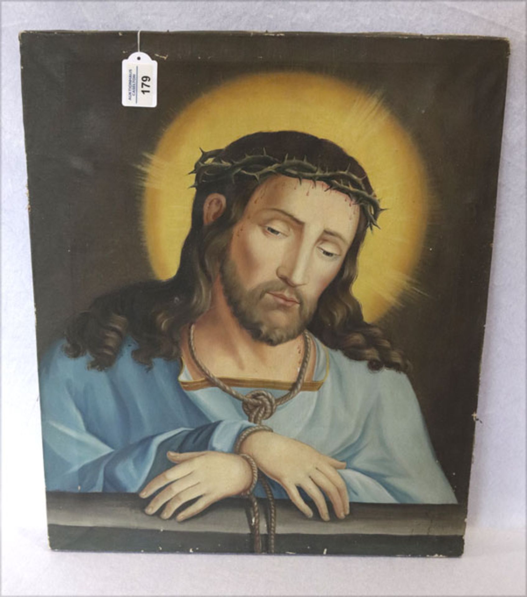 Gemälde ÖL/LW 'Jesus', 19. Jahrhundert, Bildoberfläche beschädigt, Farbablösungen, ohne Rahmen 55 cm