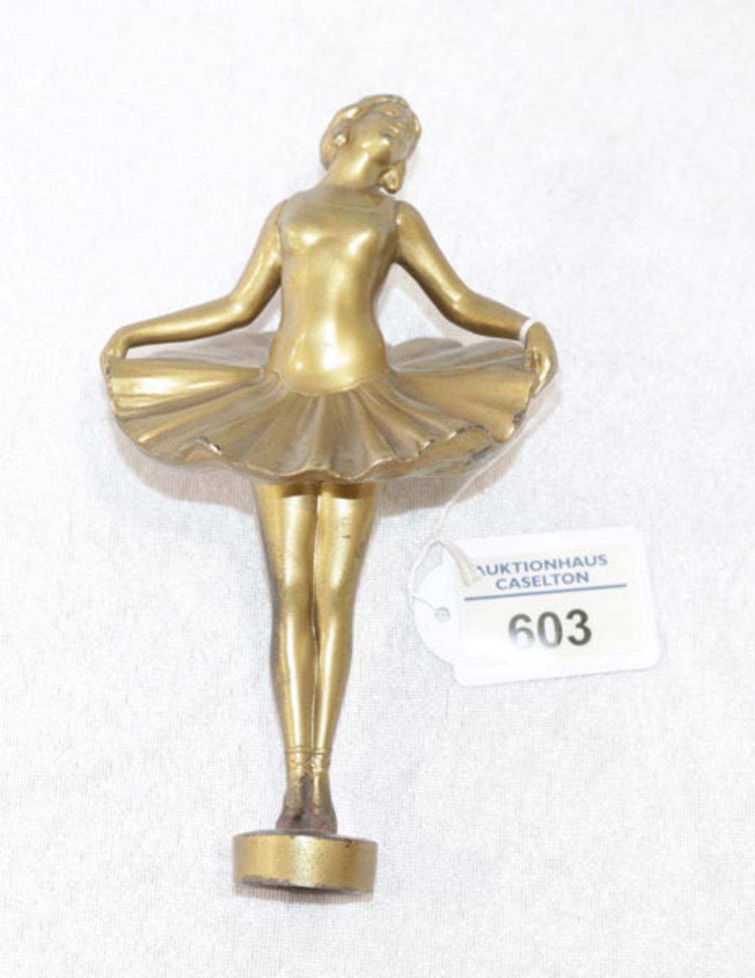 Metall Figurenaufsatz 'Tänzerin', gold bemalt, H 18 cm, D 10 cm, Altersspuren