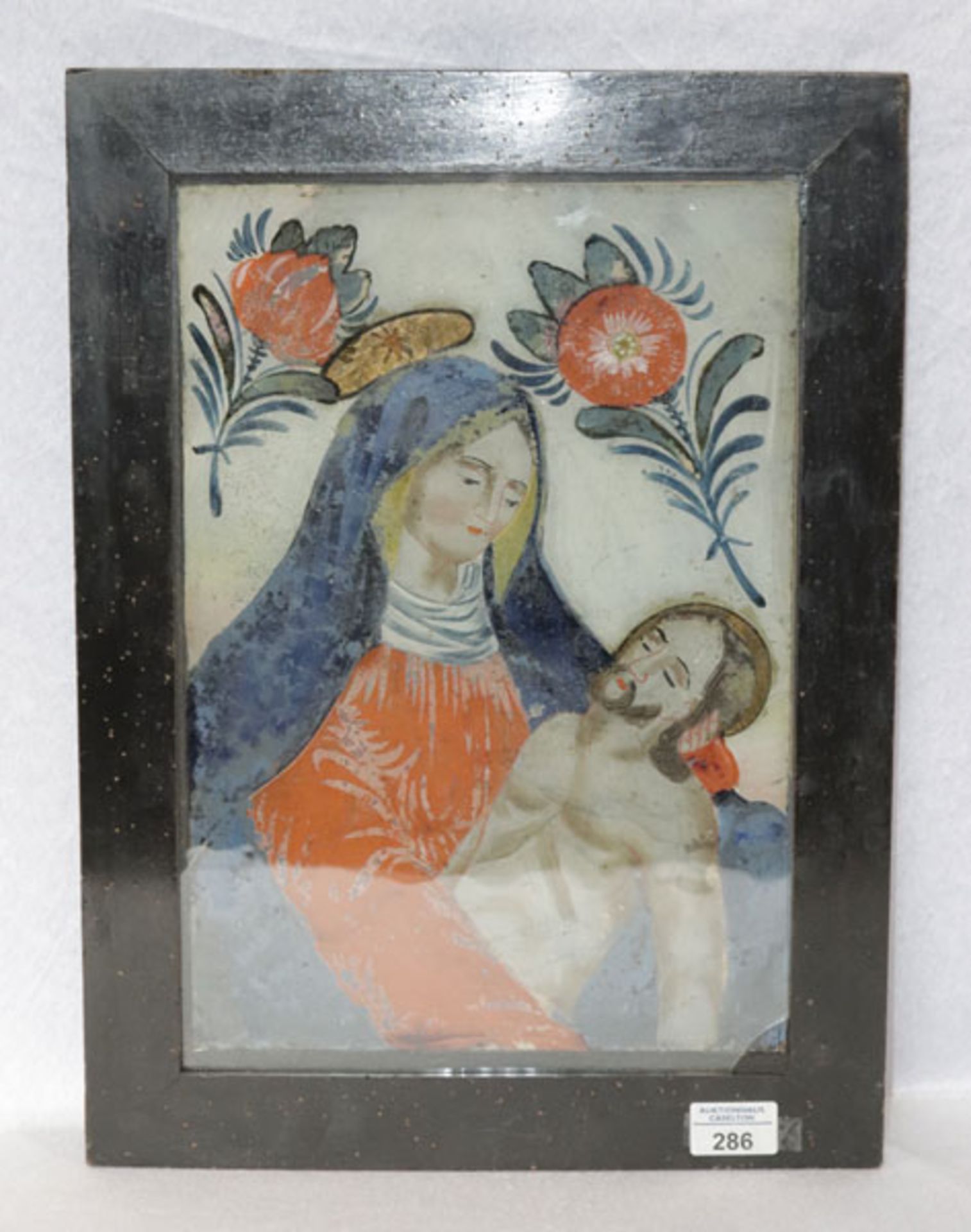 Hinterglasbild 'Maria mit Jesus', 19. Jahrhundert, am unten rechten Rand ist das Glas beschädigt,