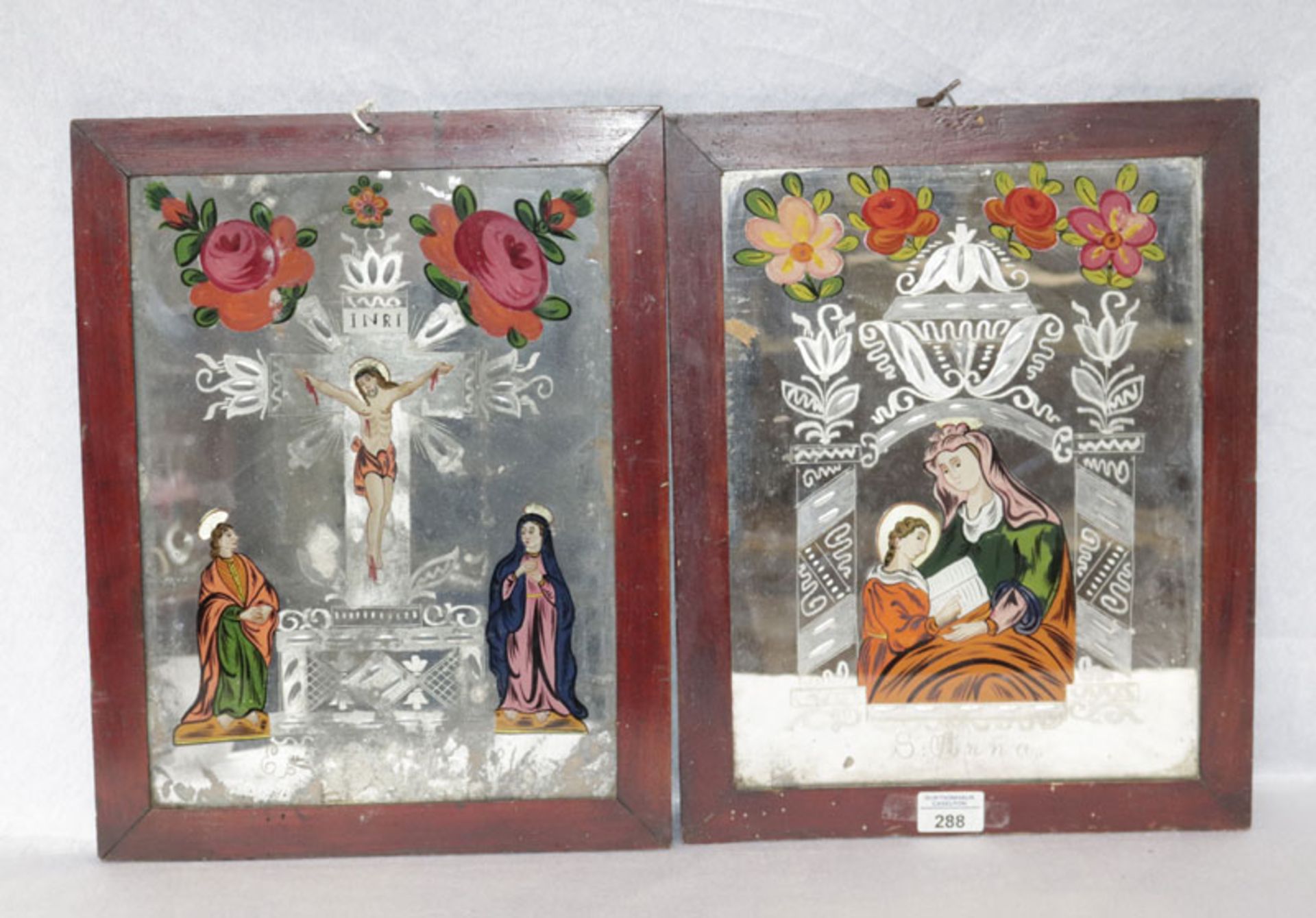 2 verspiegelte Hinterglasbilder, Nonnenspiegel 'S. Anna' und 'Jesus am Kreuz', teils Farbablösungen,