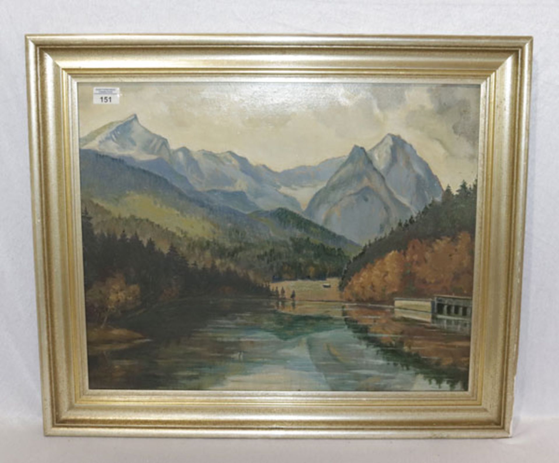 Gemälde ÖL/Malkarton 'Riessersee mit Wettersteingebirge', signiert Hans Horn, gerahmt, Rahmen