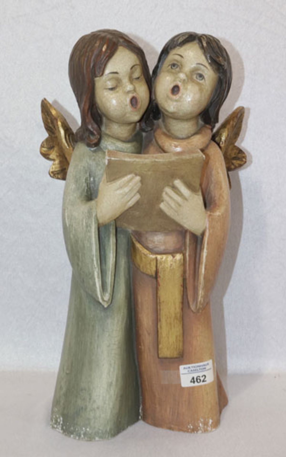 Holz Figurenskulptur '2 singende Engel', gefaßt, Fassung beschädigt, H 42 cm, B 19 cm, T17 cm