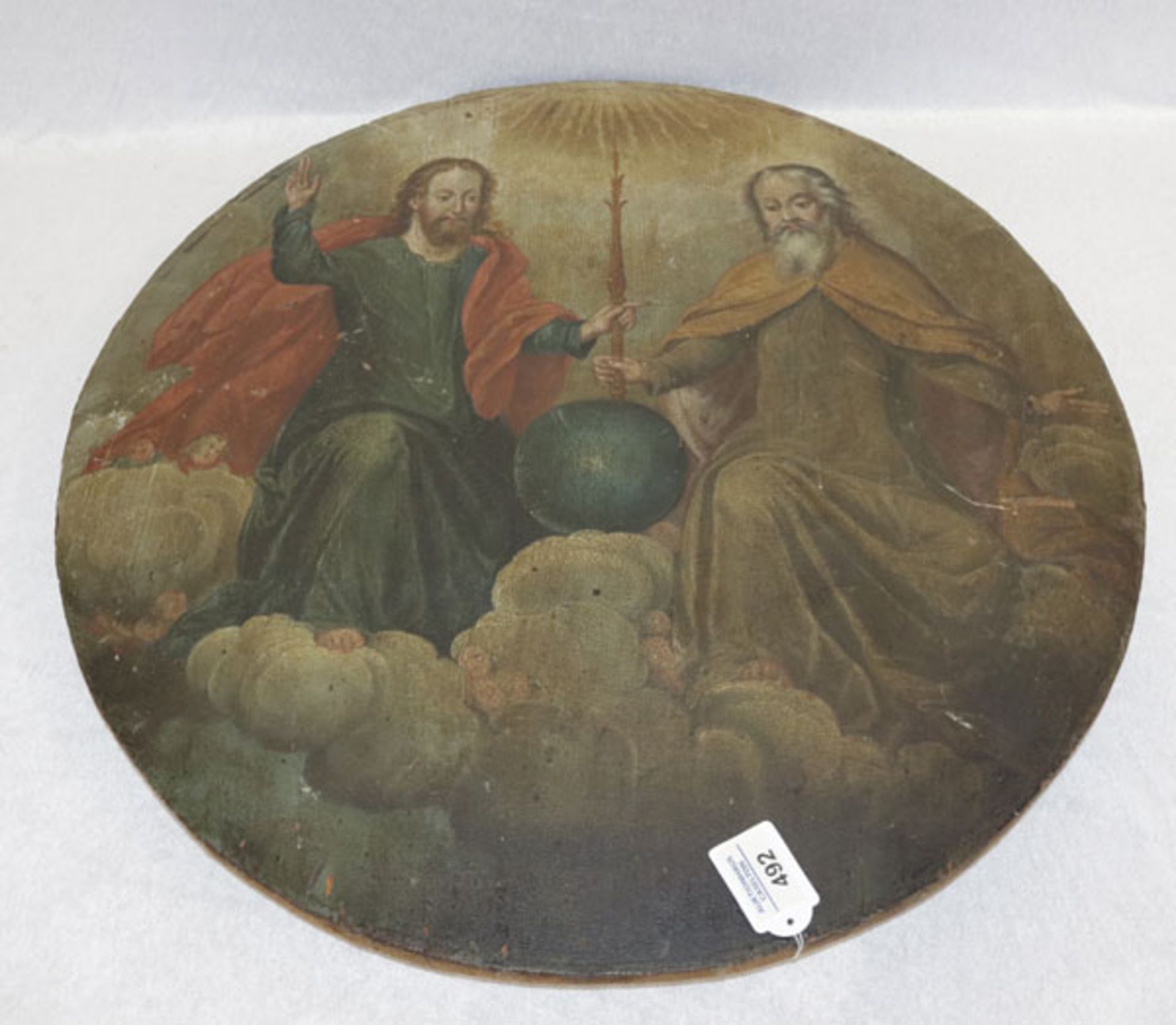 Rundes Holzbild 'Dreifaltigkeit', Bildoberfläche beschädigt, D 59 cm, Altersspuren