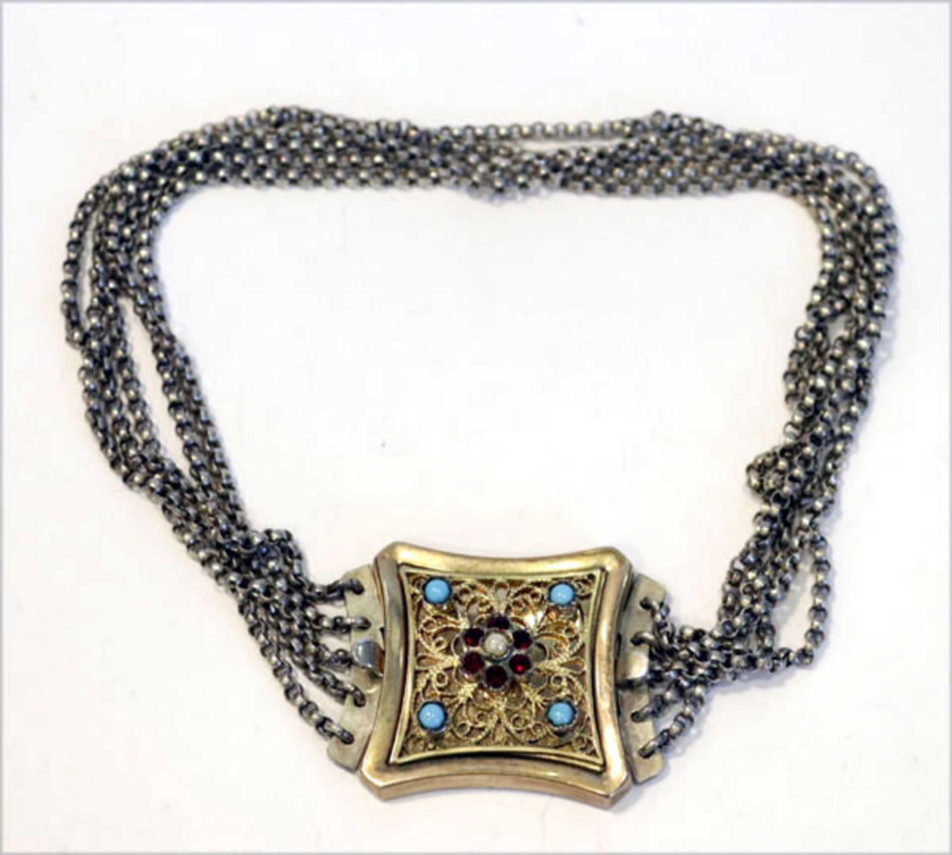 Silber Kropfkette, 5-reihig, Schließe mit filigraner Verzierung und Steinbesatz, L 30 cm