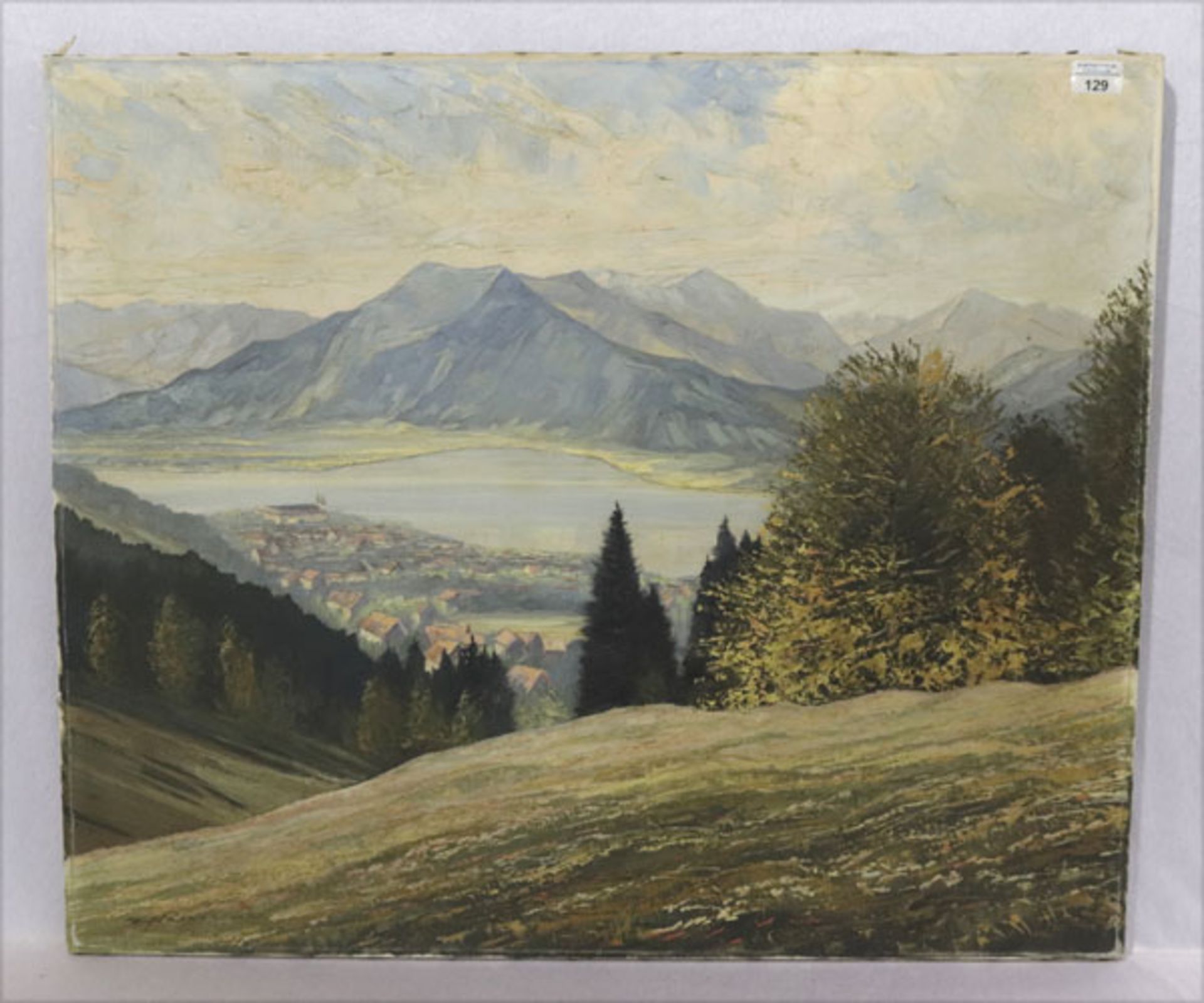 Gemälde ÖL/LW 'Blick auf den Tegernsee mit Kloster Tegernsee', undeutlich signiert, ohne Rahmen 70