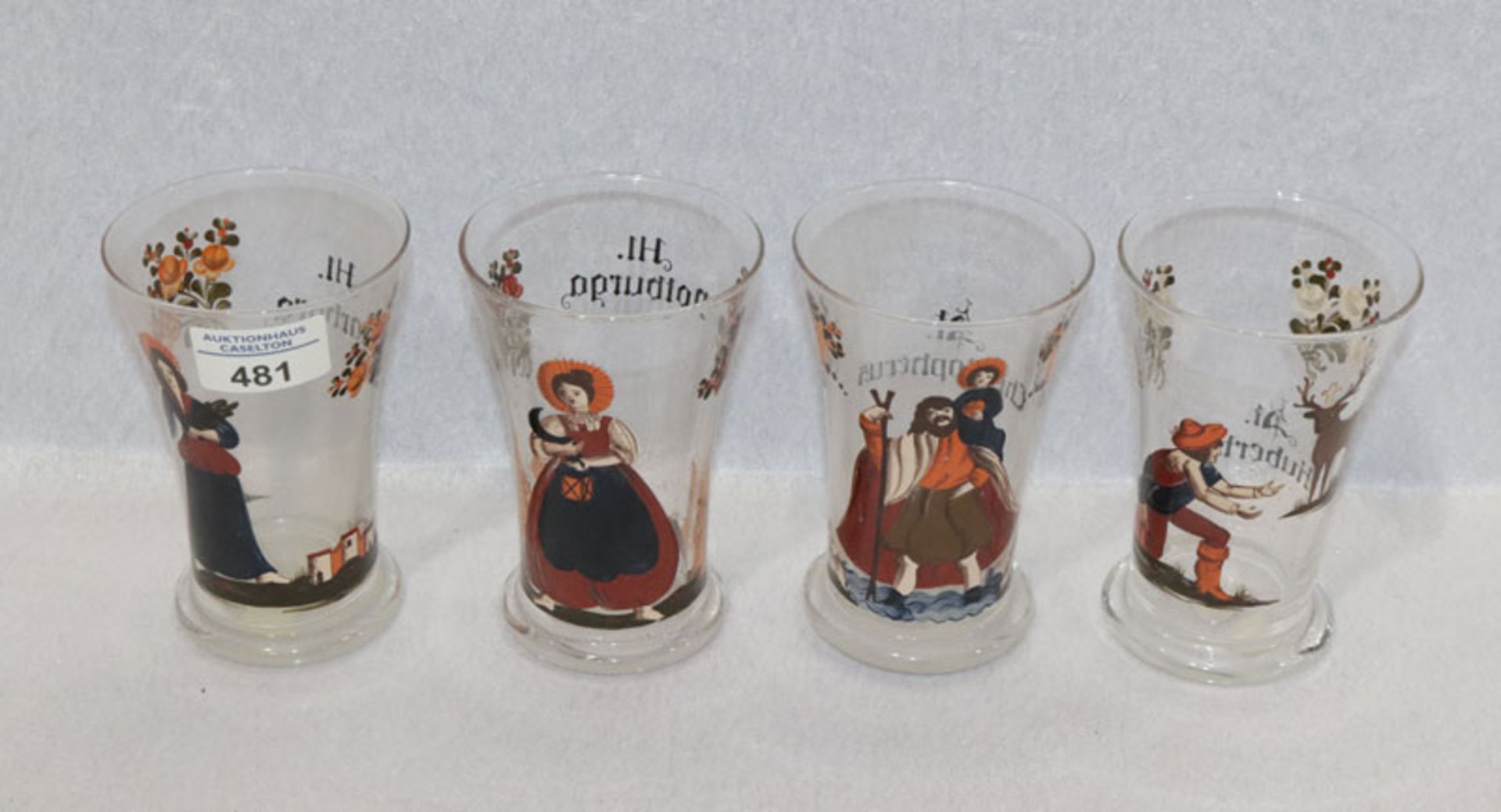 4 bemalte Glasbecher 'Hl. Barbara', 'Hl. Christopherus', 'Hl. Notburga' und 'Hl. Hubertus, H 13 cm, 
