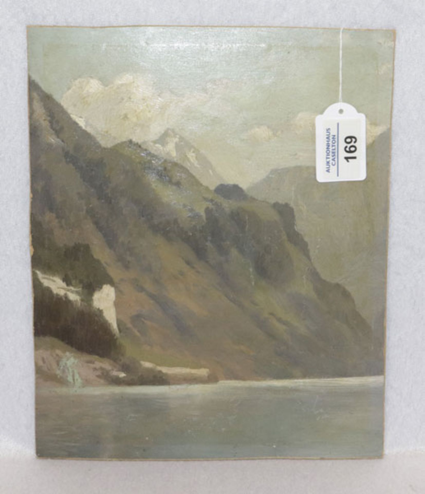 Gemälde ÖL/Malkarton 'See im Hochgebirge', rückseitig attr. Luitpold Faustner, Bildoberfläche