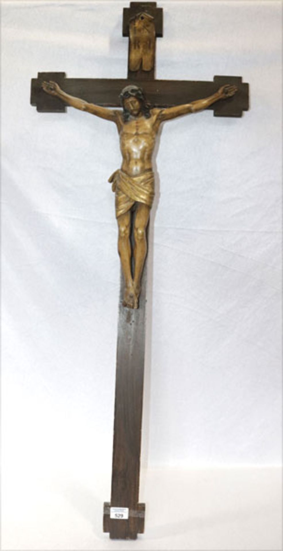 Holzkreuz mit Korpus Christi, gebeizt, H 119 cm, B 48 cm, Altersspuren