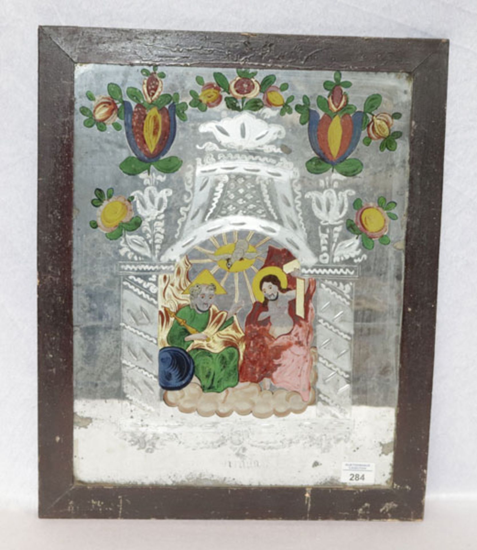 Hinterglasbild, Nonnenspiegel 'Trintas', Farbablösungen, Spigel teils blind, wohl Böhmen 19. Jahrhun