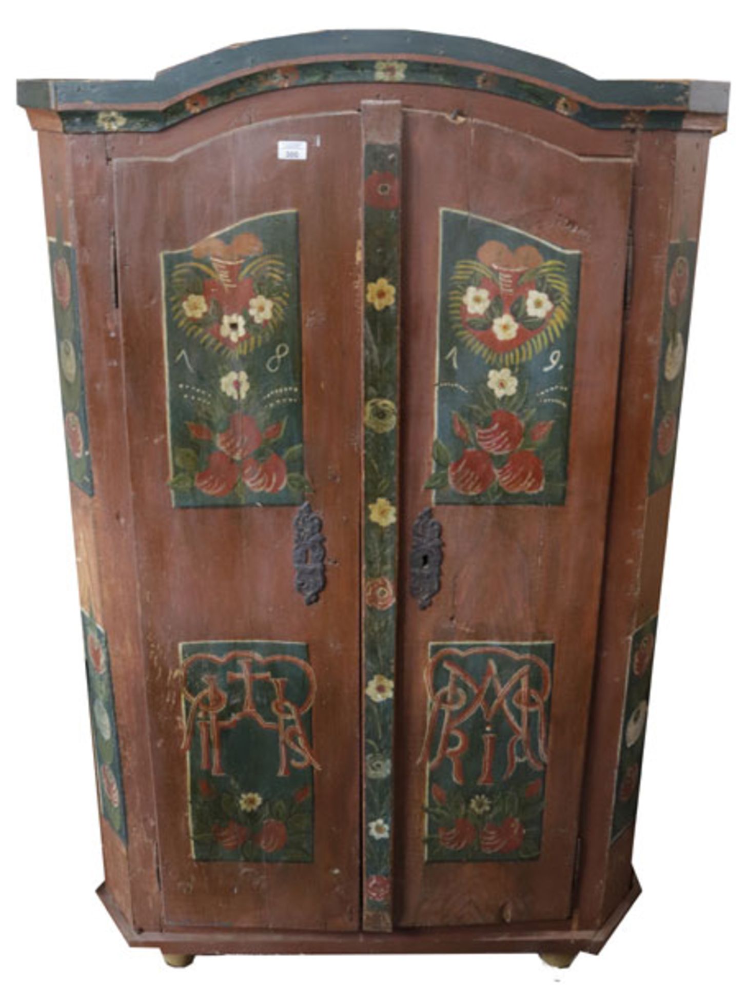 Bauernschrank, Korpus mit Doppeltür, rostbraun mit bunter, bäuerlicher Blumenbemalung, datiert 1819,