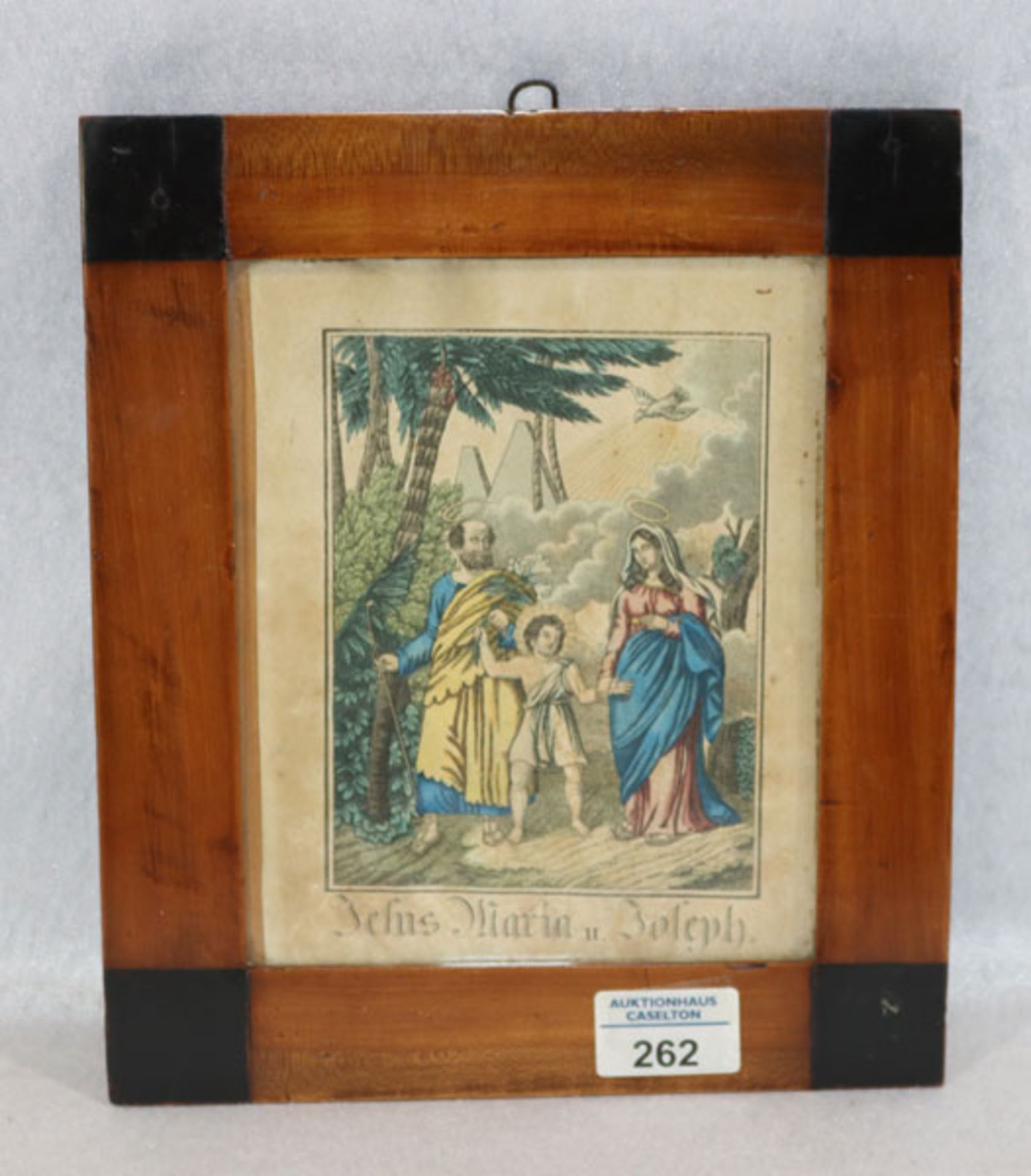 Stich, coloriert 'Jesus, Maria und Joseph', unter Glas gerahmt, Rahmen bestossen, incl. Rahmen 26 cm