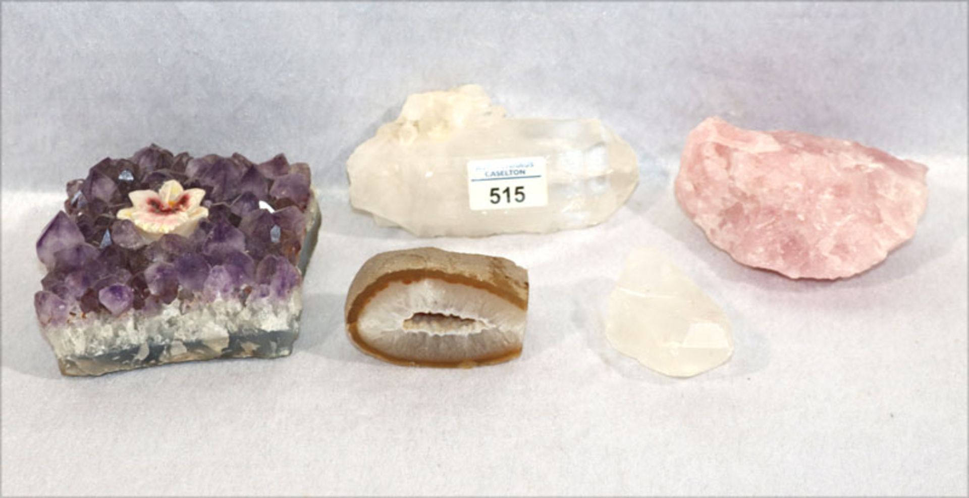 Mineralien Konvolut: Amethyst, Rosenquarz, Bergkristall und Achatdruse