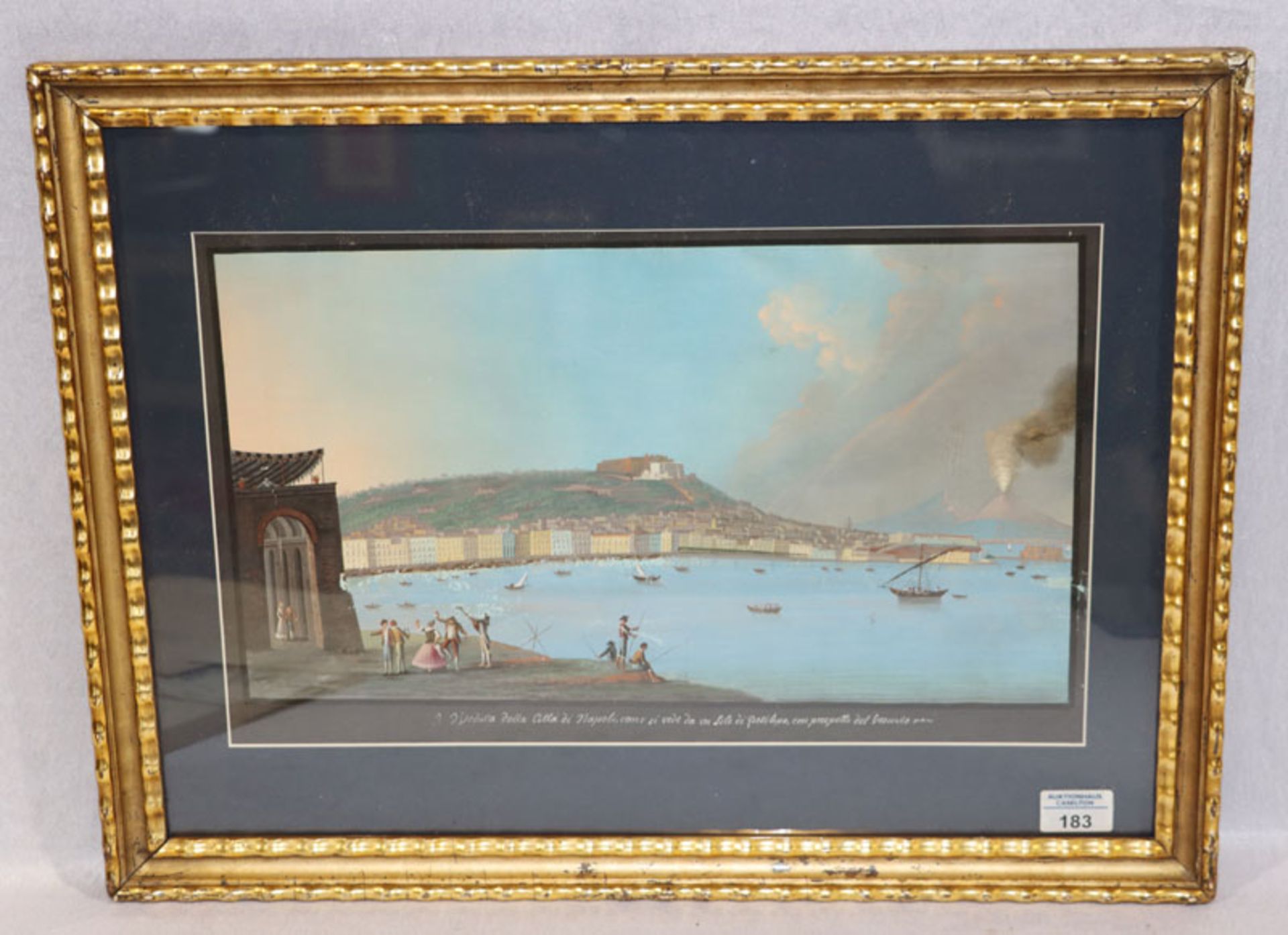 Gemälde Mischtechnik 'Veduta von Neapel mit Vesuv', Bildoberfläche beschädigt, mit Passepartout