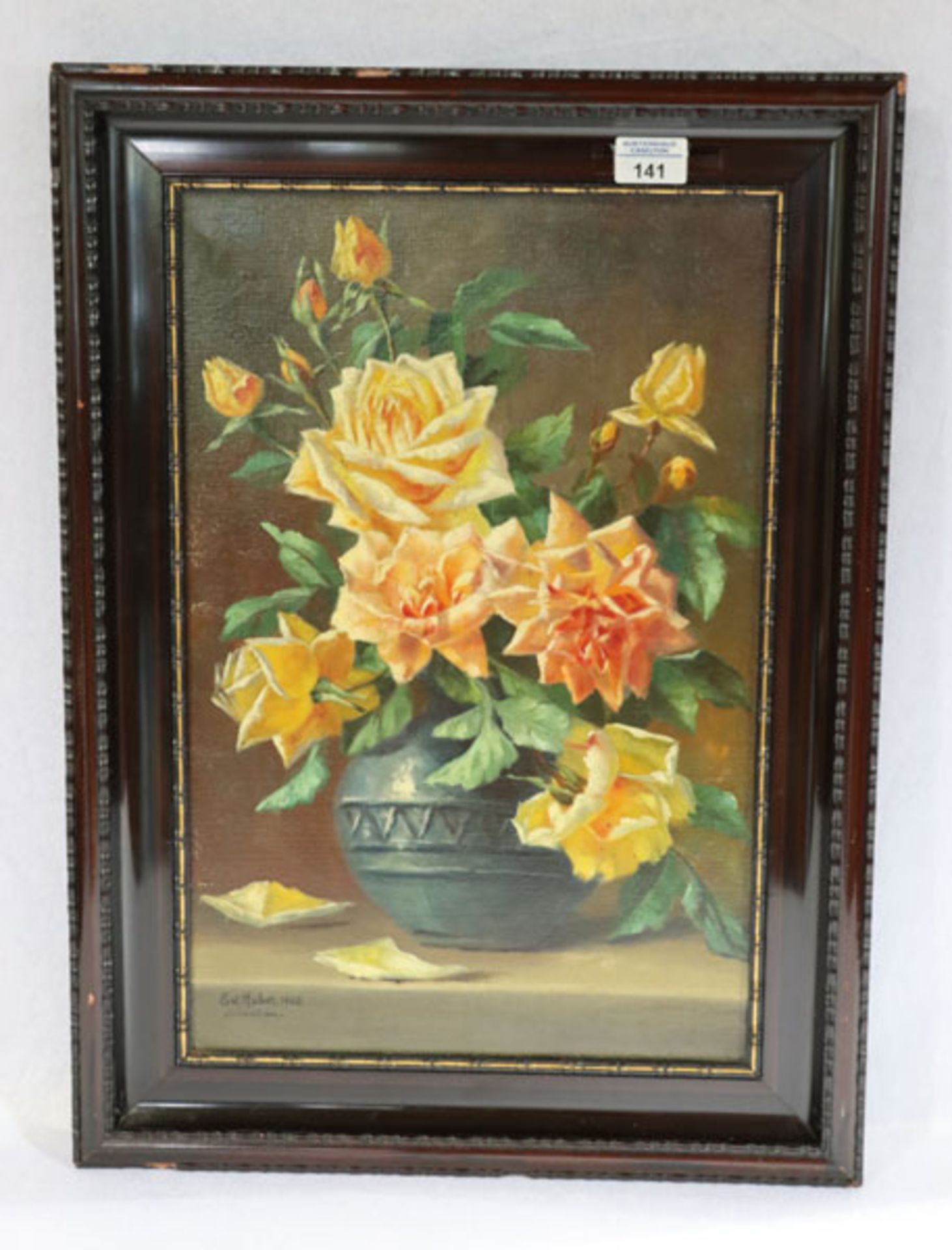 Gemälde ÖL/LW 'Rosenstillleben in Vase', signiert Ed. Huber 1908, München, gerahmt, Rahmen