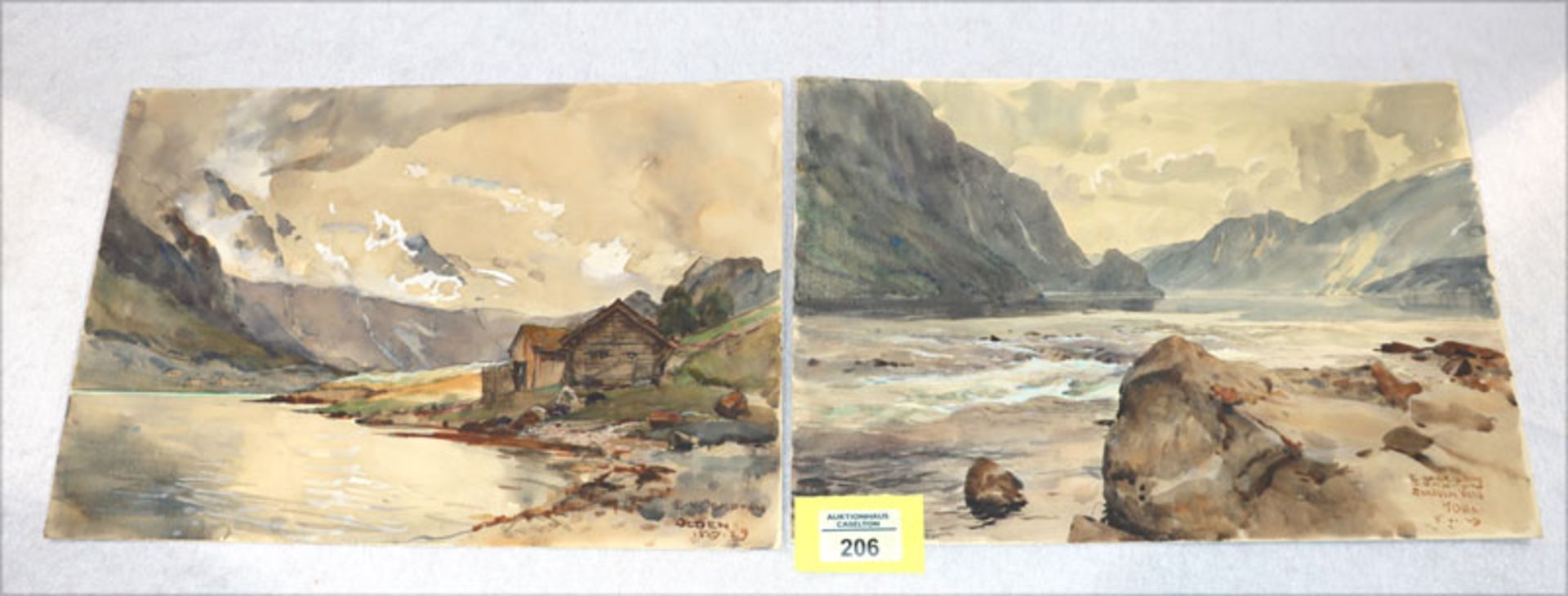 2 Aquarelle 'Nordische Landschafts-Szenerien', signiert E. Harrison Compton, eines datiert 15.7.