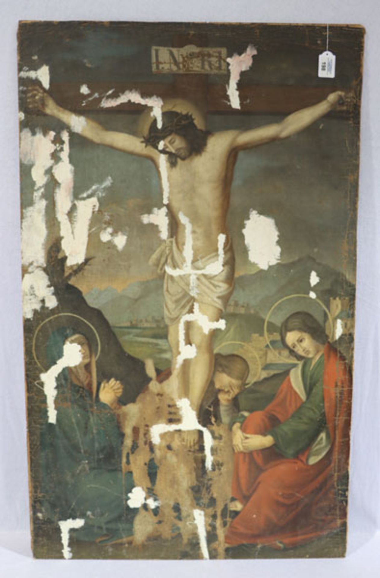 Gemälde ÖL/Holz 'Jesus am Kreuz', Bildoberfläche stark beschädigt, bzw. angefangene Restauration,