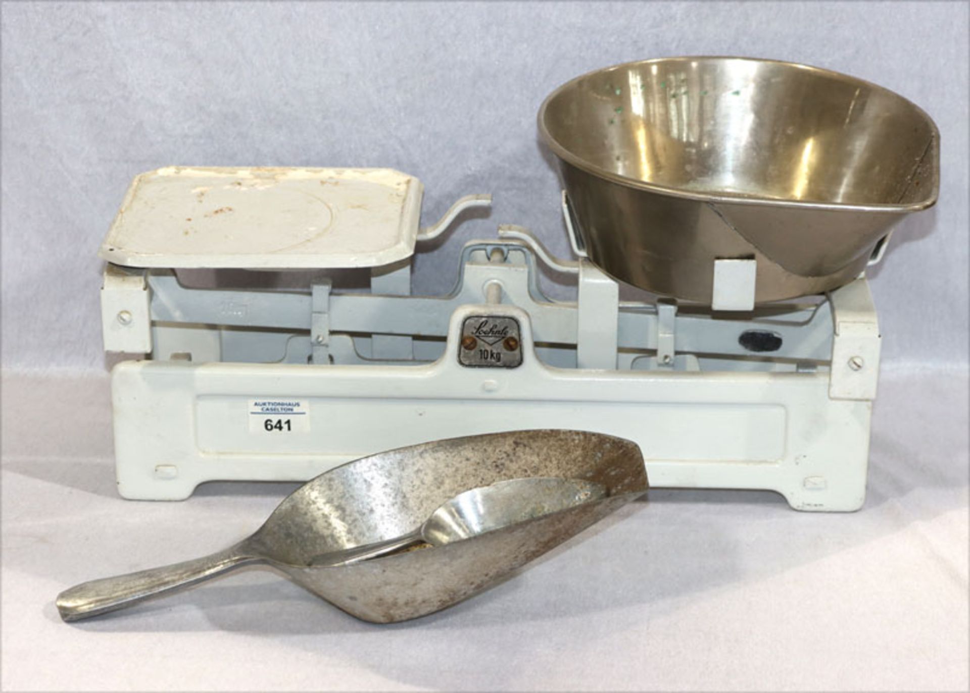 Metall Obstwaage, Firma Soehnle, 10 kg, Gebrauchsspuren, H 24,5 cm, B 47 cm