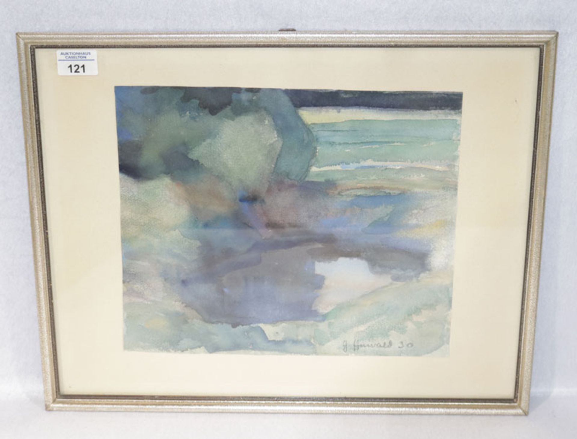 Aquarell 'Landschaft in Blau', undeutlich signiert, datiert 30, unter Glas gerahmt, Rahmen