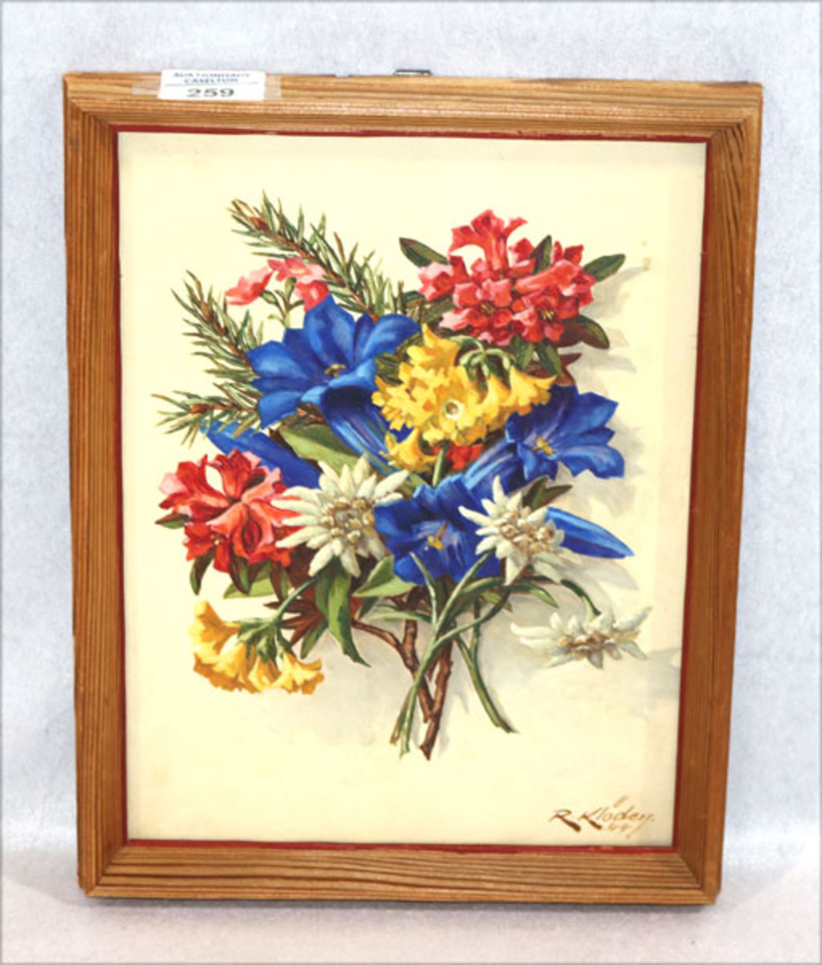 Gemälde ÖL/Malkarton 'Alpenblumen', signiert R. (Rudolf) Klöden, 44, * 1892 Zwickau + 1953