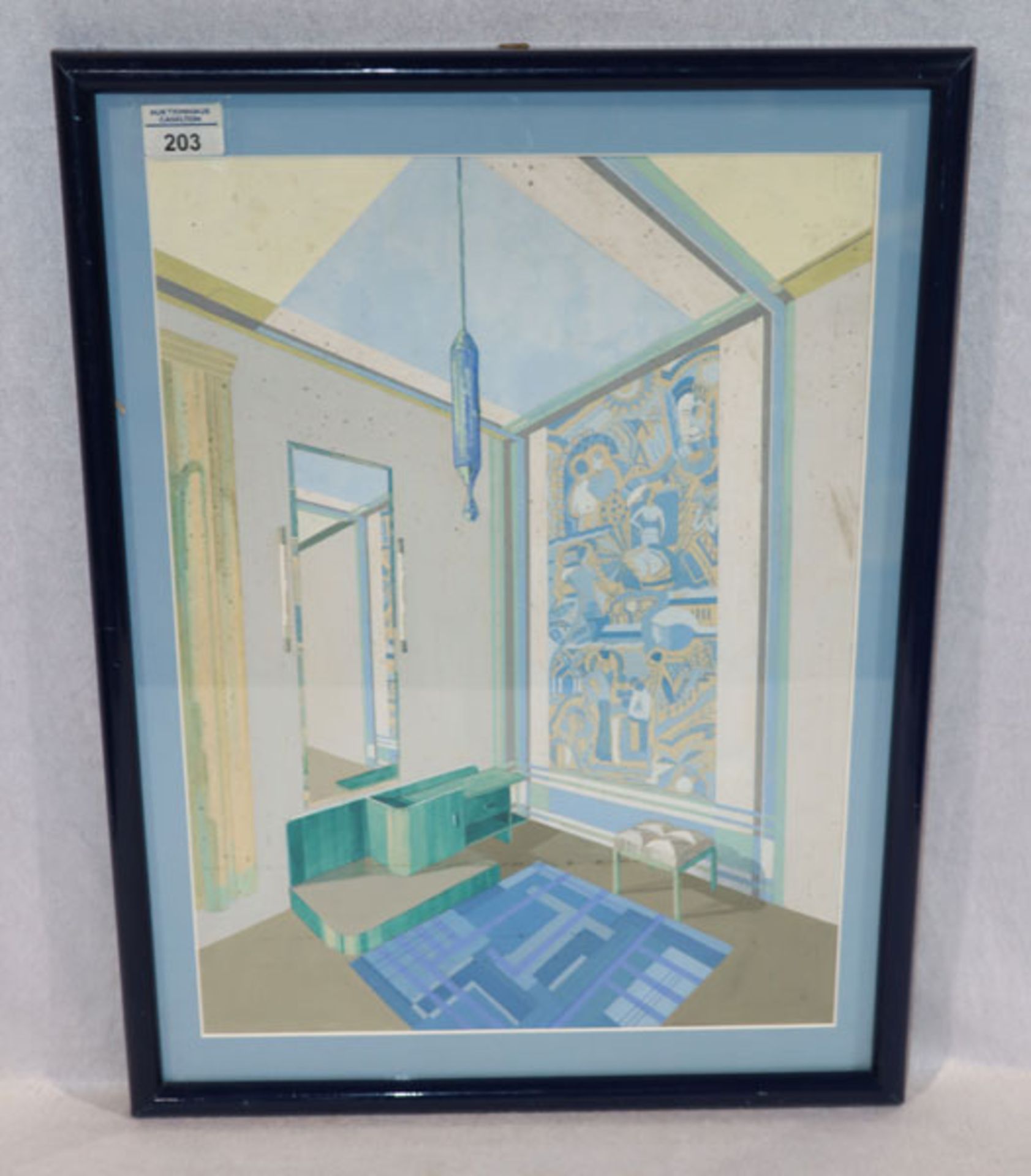 Gemälde Mischtechnik 'Interieur', Blatt fleckig, mit Passepartout unter Glas gerahmt, Rahmen