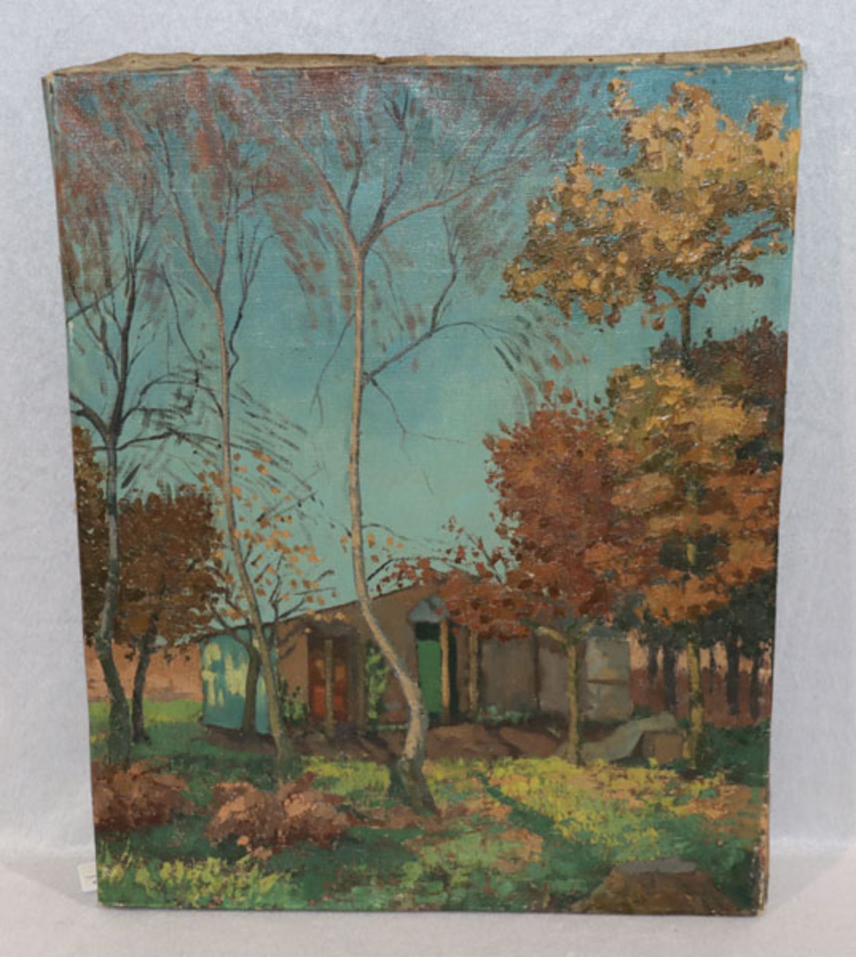 Gemälde ÖL/LW 'Haus im Herbstwald', attr. Minet, Louis Emile, ohne Rahmen 51 cm x 41 cm (00093)
