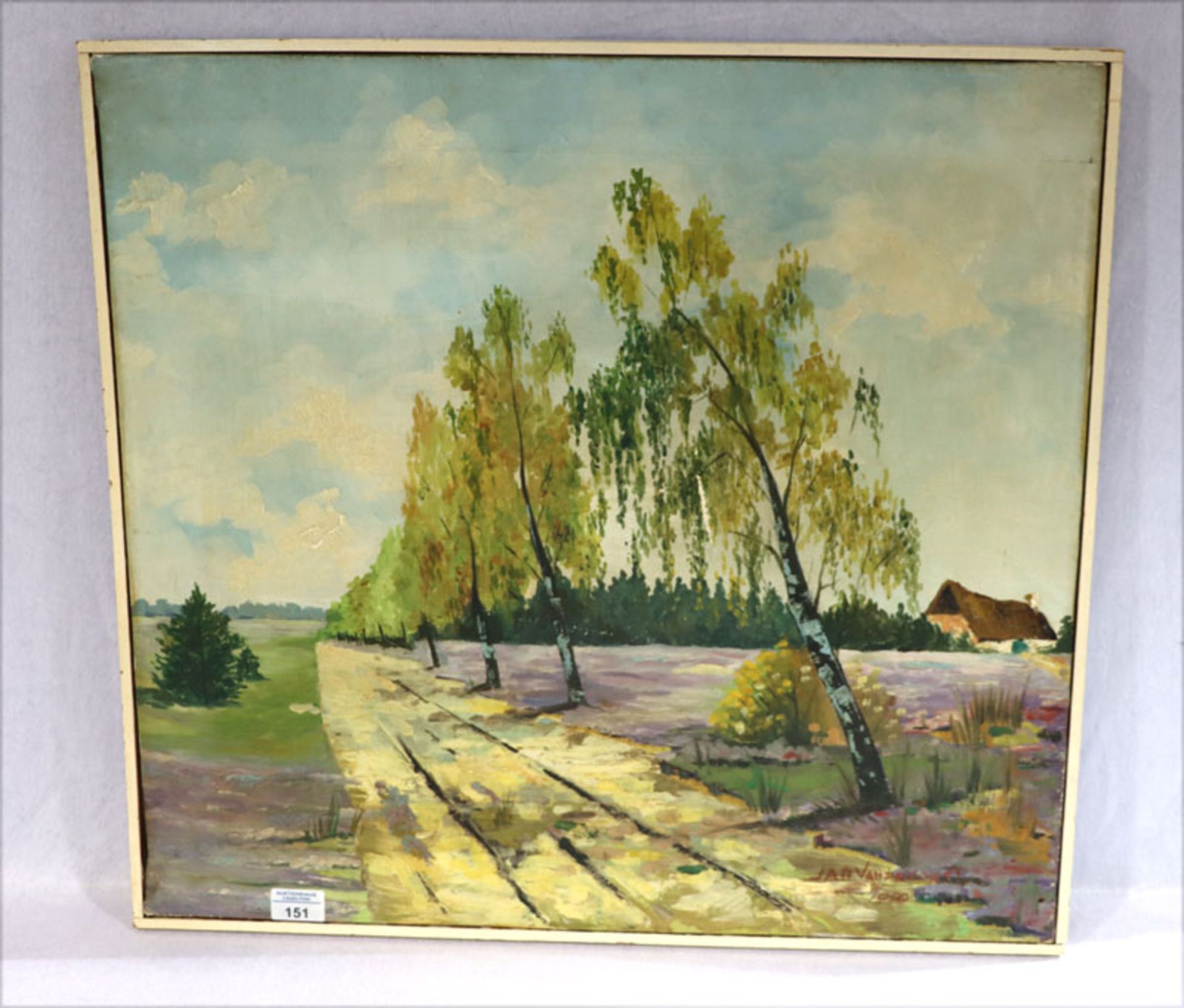 Gemälde ÖL/LW 'Landschafts-Szenerie mit Birken', signiert Jan Vandevorst ?, 1950, mit Leistenrahmen,