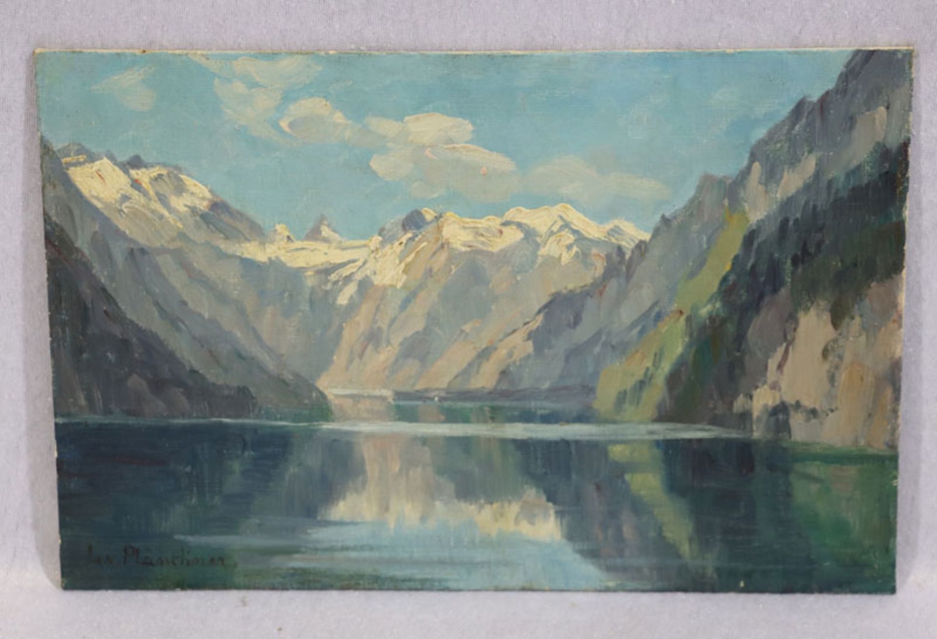 Gemälde ÖL/Karton 'See im Hochgebirge', signiert L. v. Plänckner, * 1863 Kahla + ca. 1925 München,