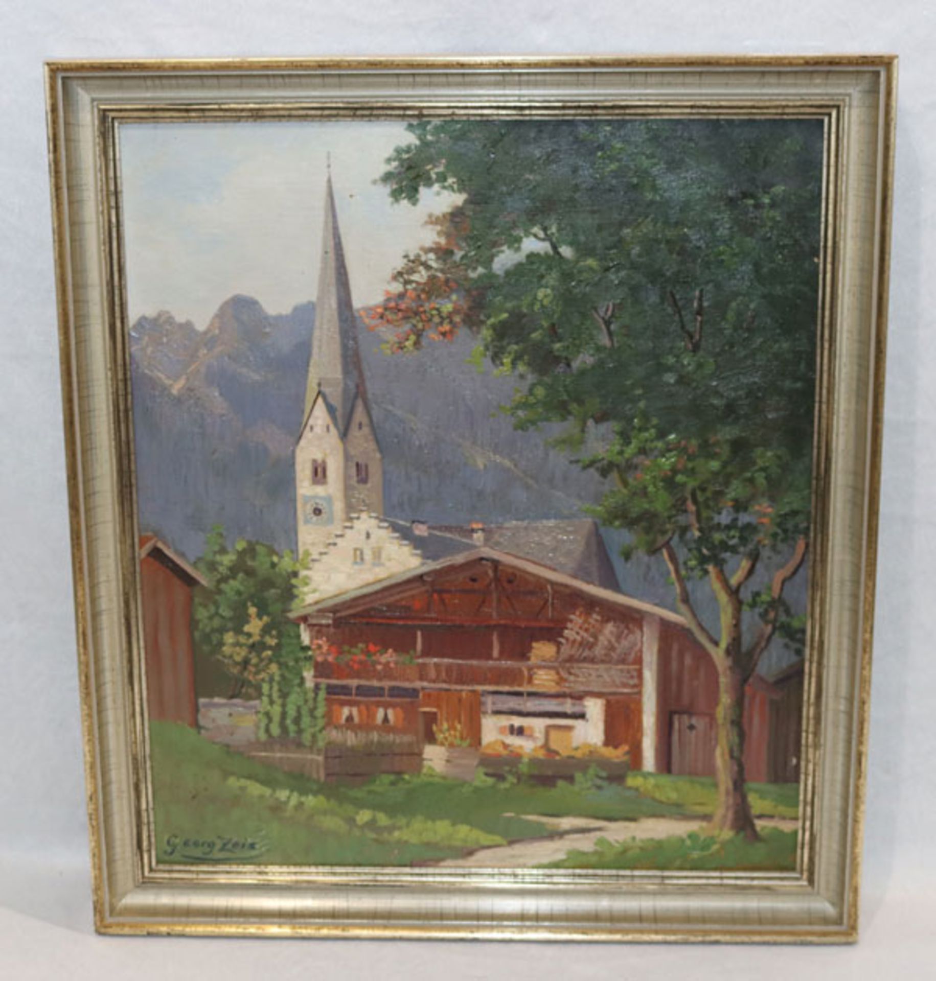 Gemälde ÖL/LW 'Alte Garmischer Kirche mit Messmerhaus', signiert Georg Zeis, Bildoberfläche teils