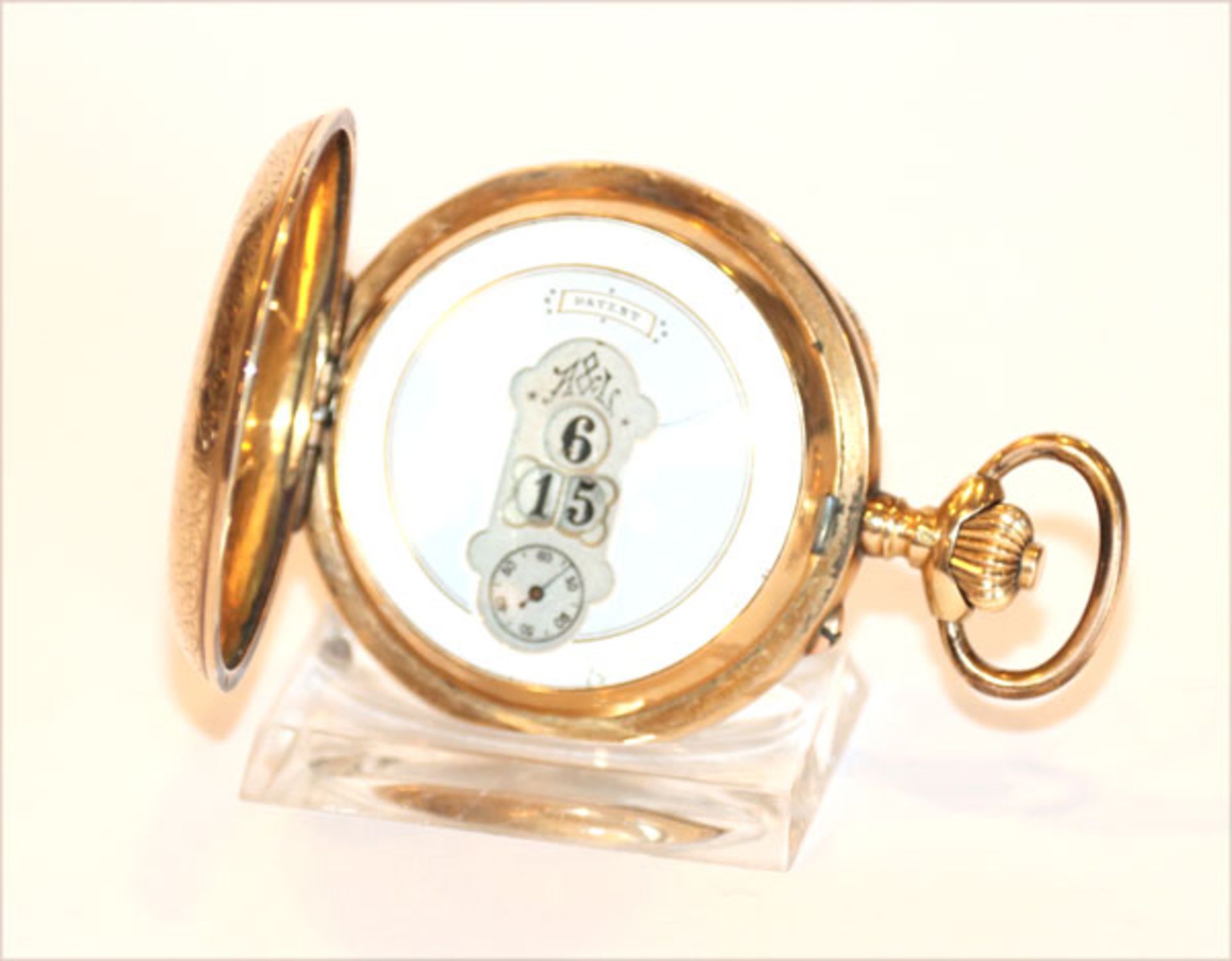 14 k Gelbgold Sprungdeckel Taschenuhr, 3 Deckel Gold, sehr interessantes Uhrwerk, Unruhe Stift