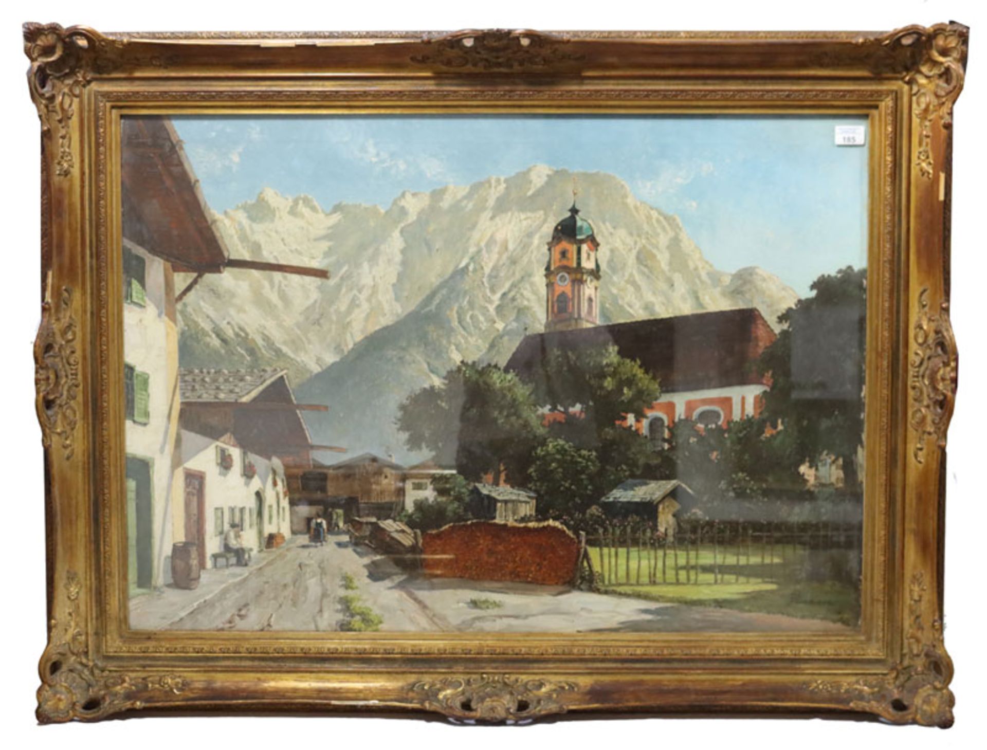 Gemälde ÖL/LW 'Mittenwald mit Pfarrkirche vor Karwendel', signiert G. Niemann, Gottfried