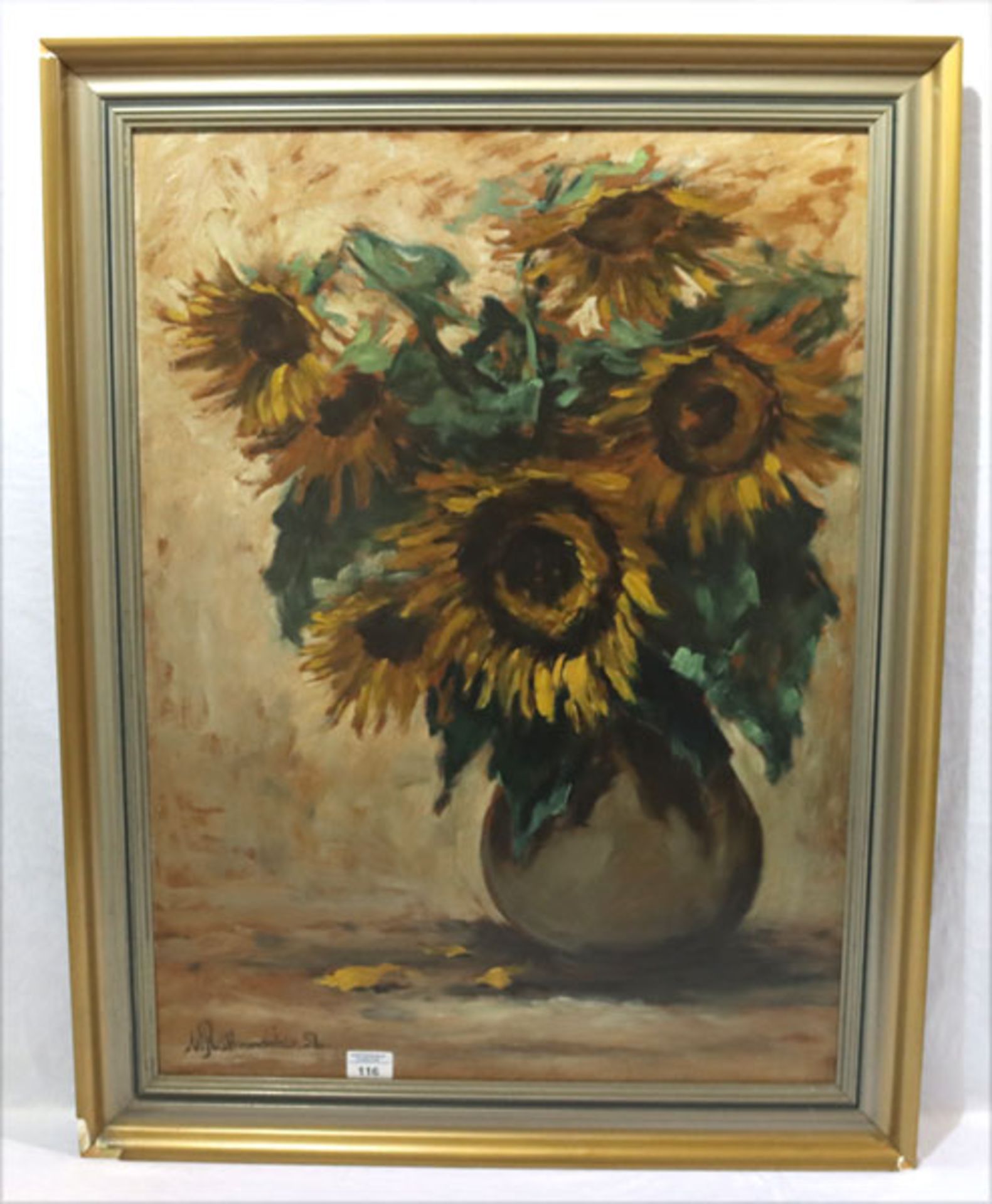 Gemälde ÖL/Hartfaser 'Sonnenblumen in Vase', signiert W. Rathmacher, 52, gerahmt, Rahmen beschädigt,