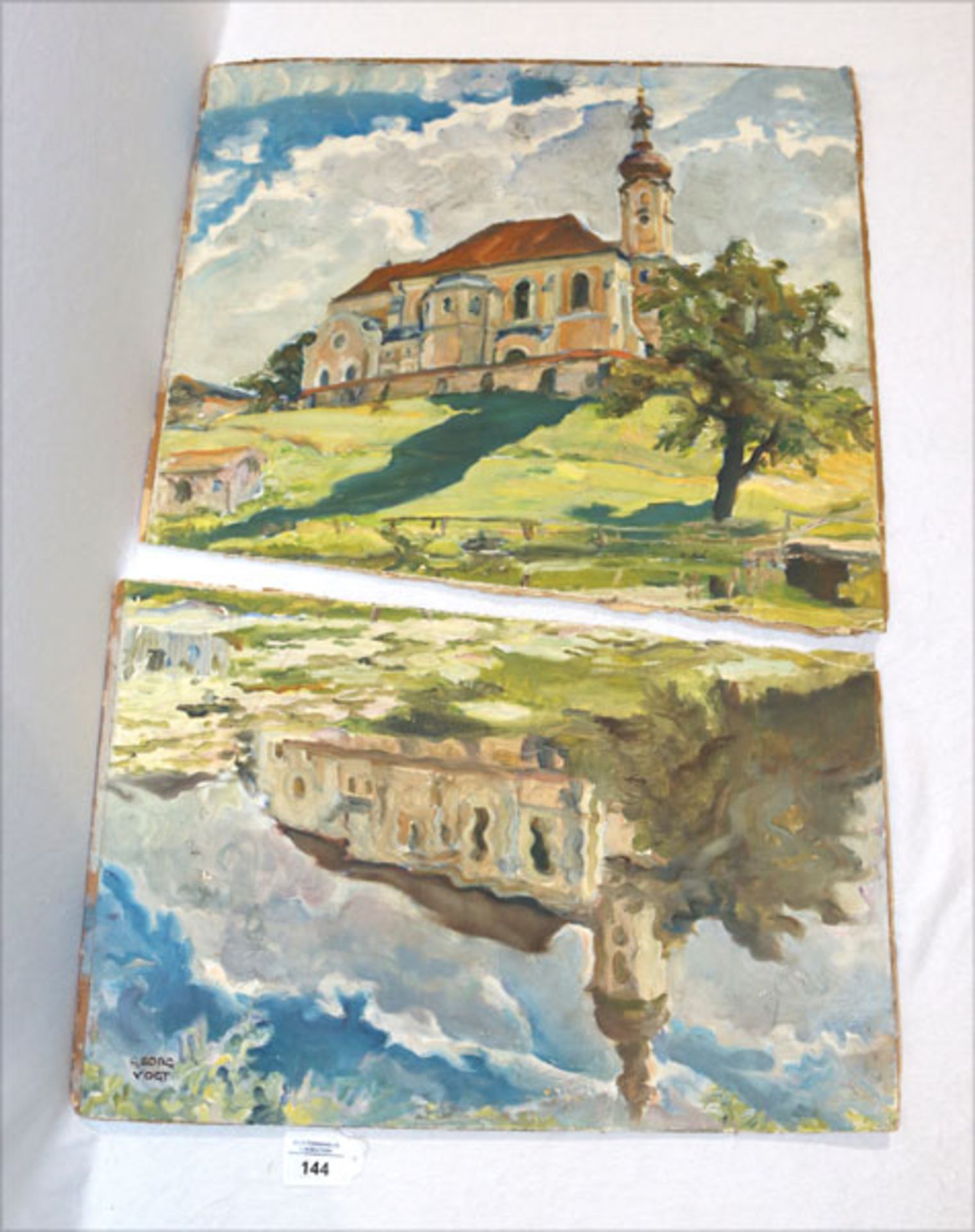 Gemälde ÖL/Papier und Malkarton geklebt 'Kirche mit Spiegelbild', signiert Georg Vogt, * 1881