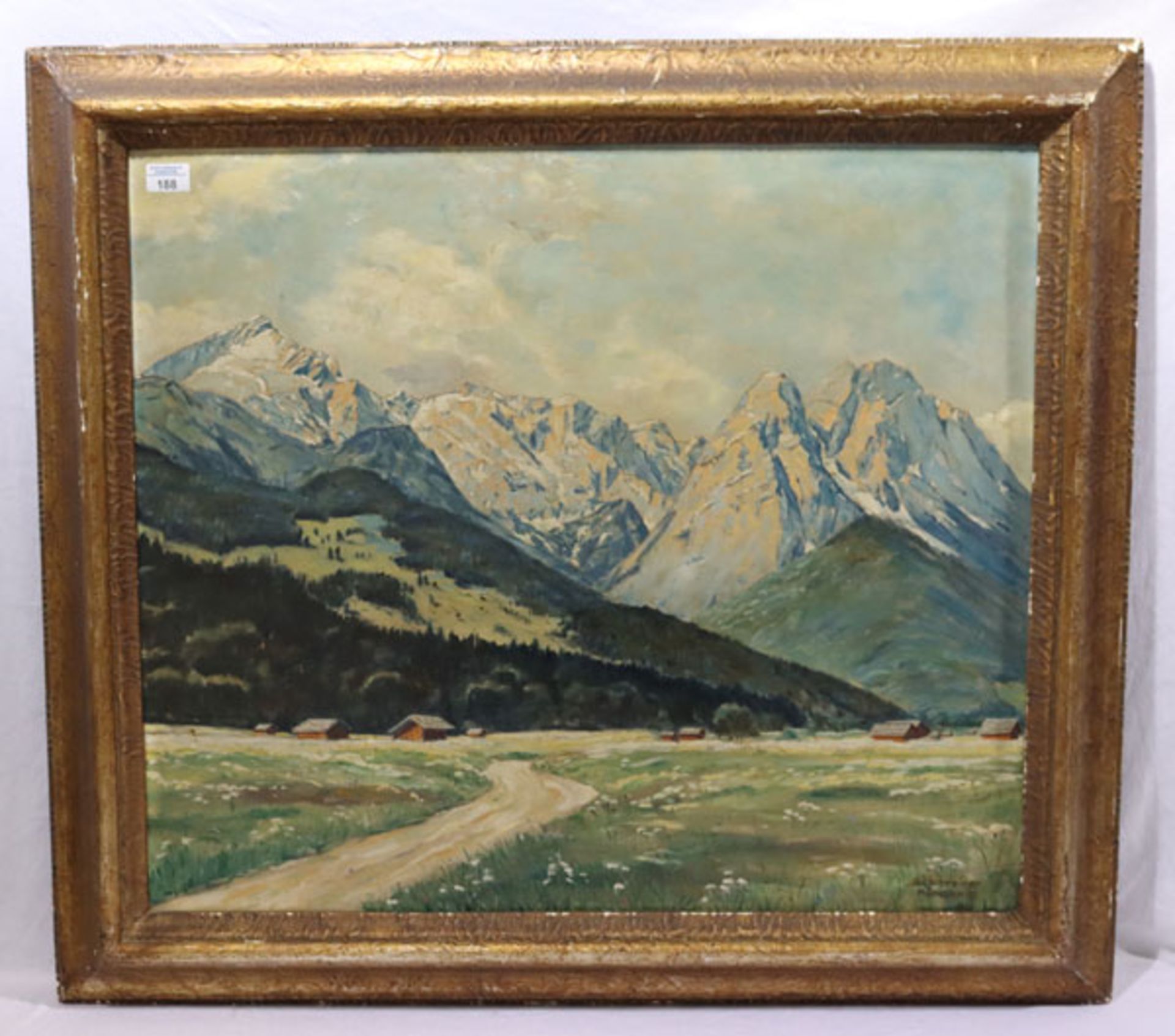 Gemälde ÖL/Hartfaser 'Blick auf das Wettersteingebirge', signiert Jul. Schreiner, München 43,