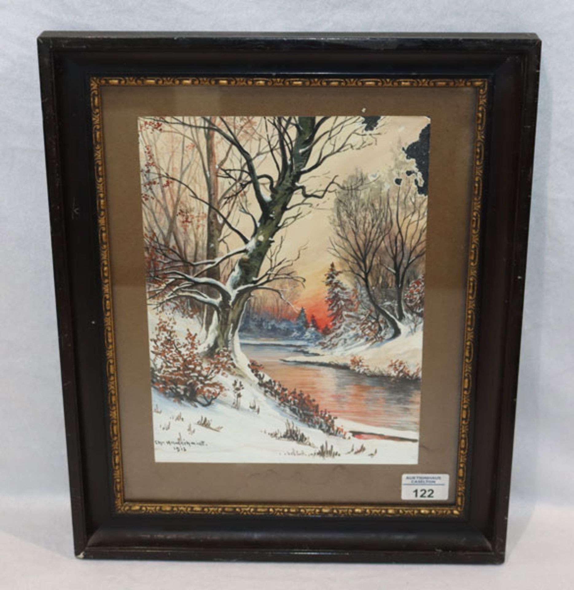 Aquarell 'Flußlauf im Winter bei Abendstimmung', signiert Chr. Hamschmidt ?, 1913, auf braunem