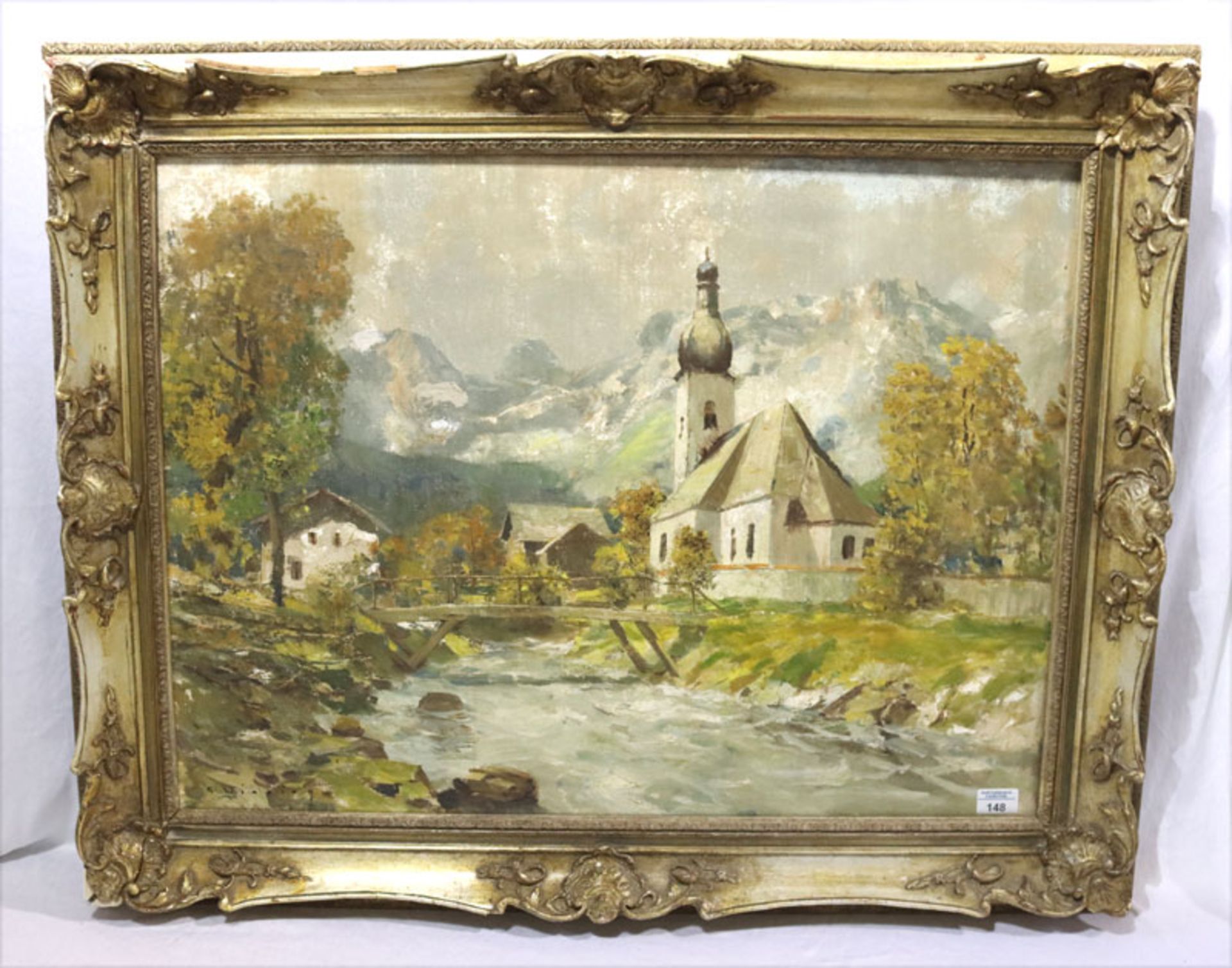 Gemälde ÖL/LW 'Kirche in Ramsau', signiert E. Winning, deutscher Maler des 20. Jahrhunderts,